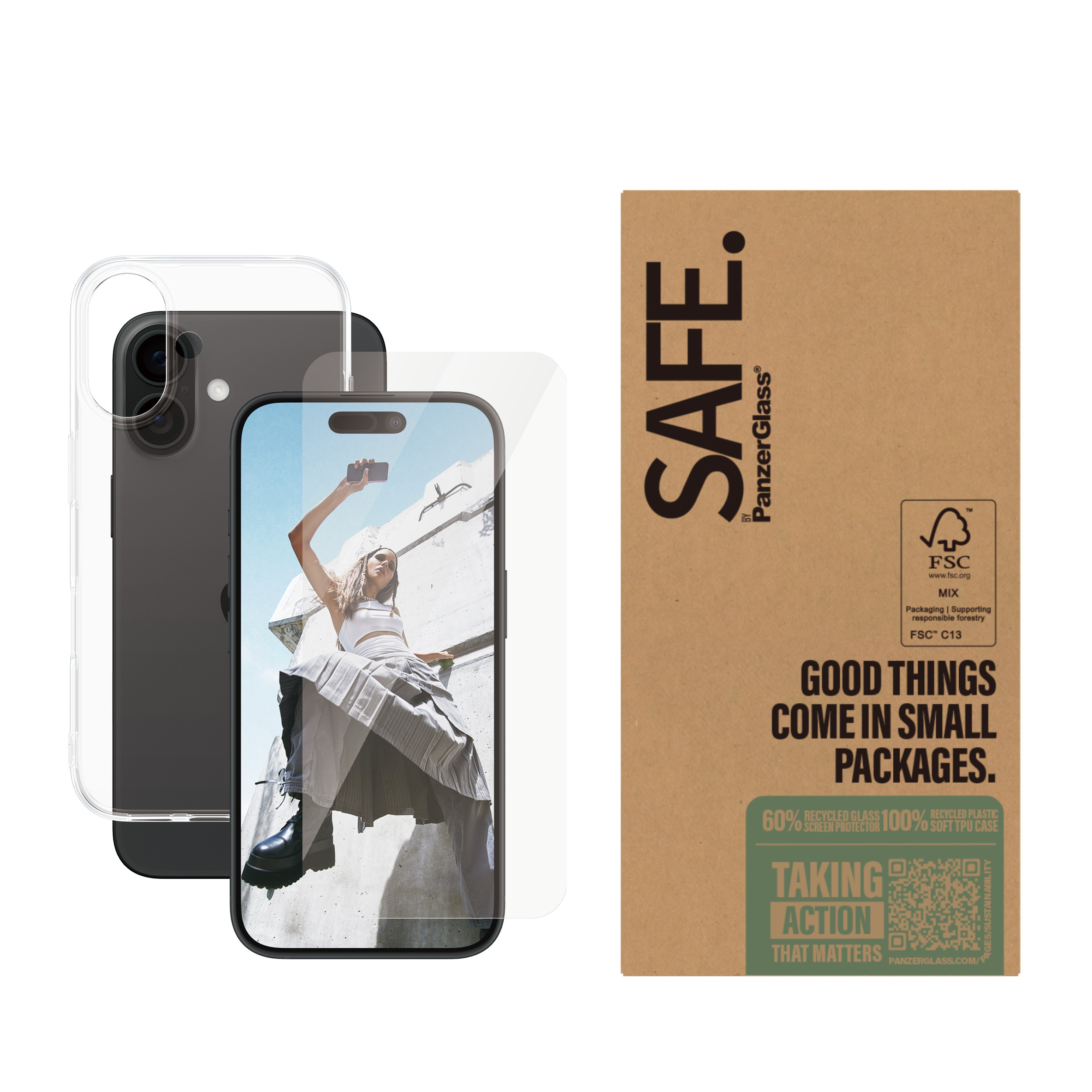 Telefono con protezione schermo e custodia. Una donna sullo schermo. Custodia trasparente e scatola presenti.