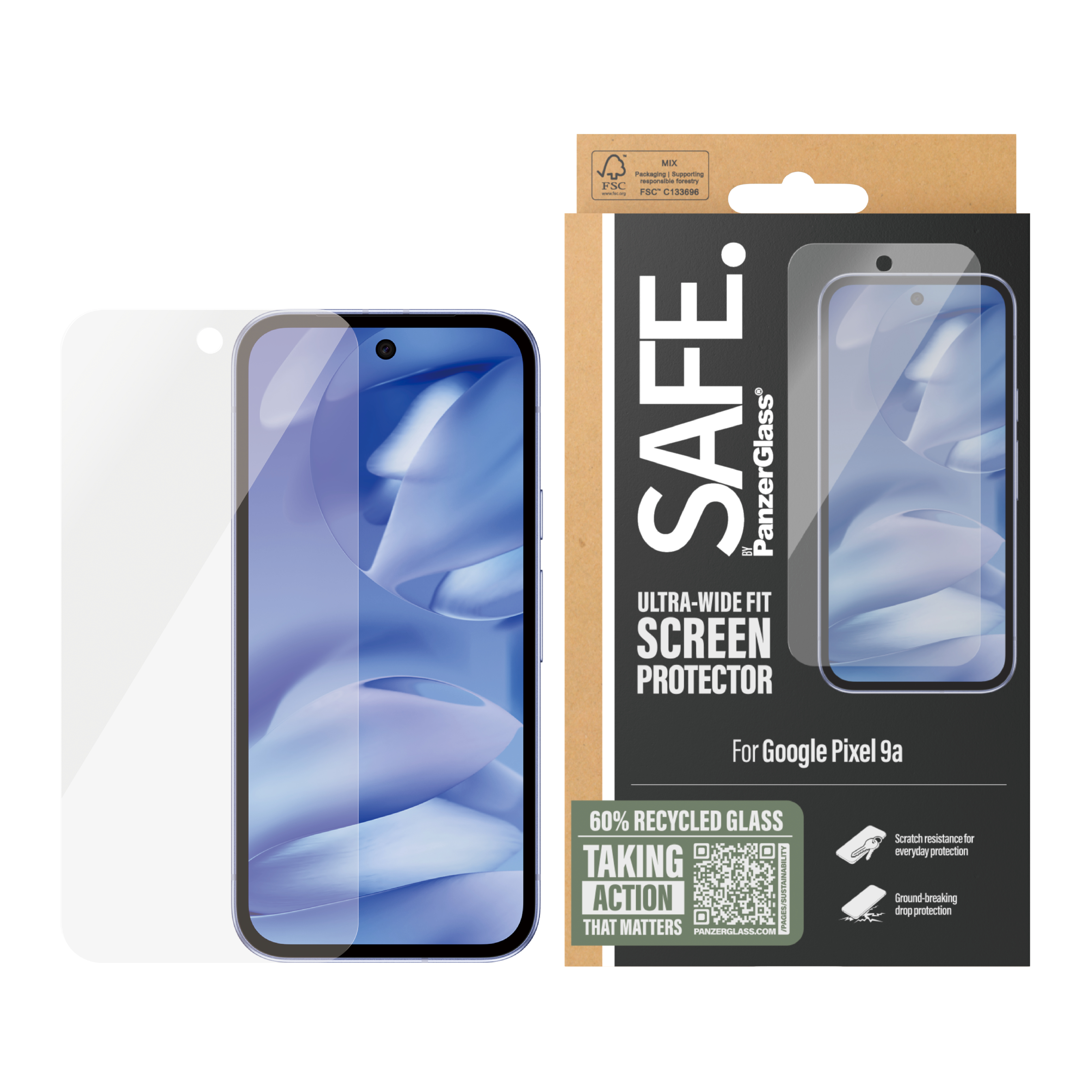 Telefon z ochraniaczem ekranu i opakowaniem. Telefon jest niebieski. Opakowanie jest brązowo-białe.