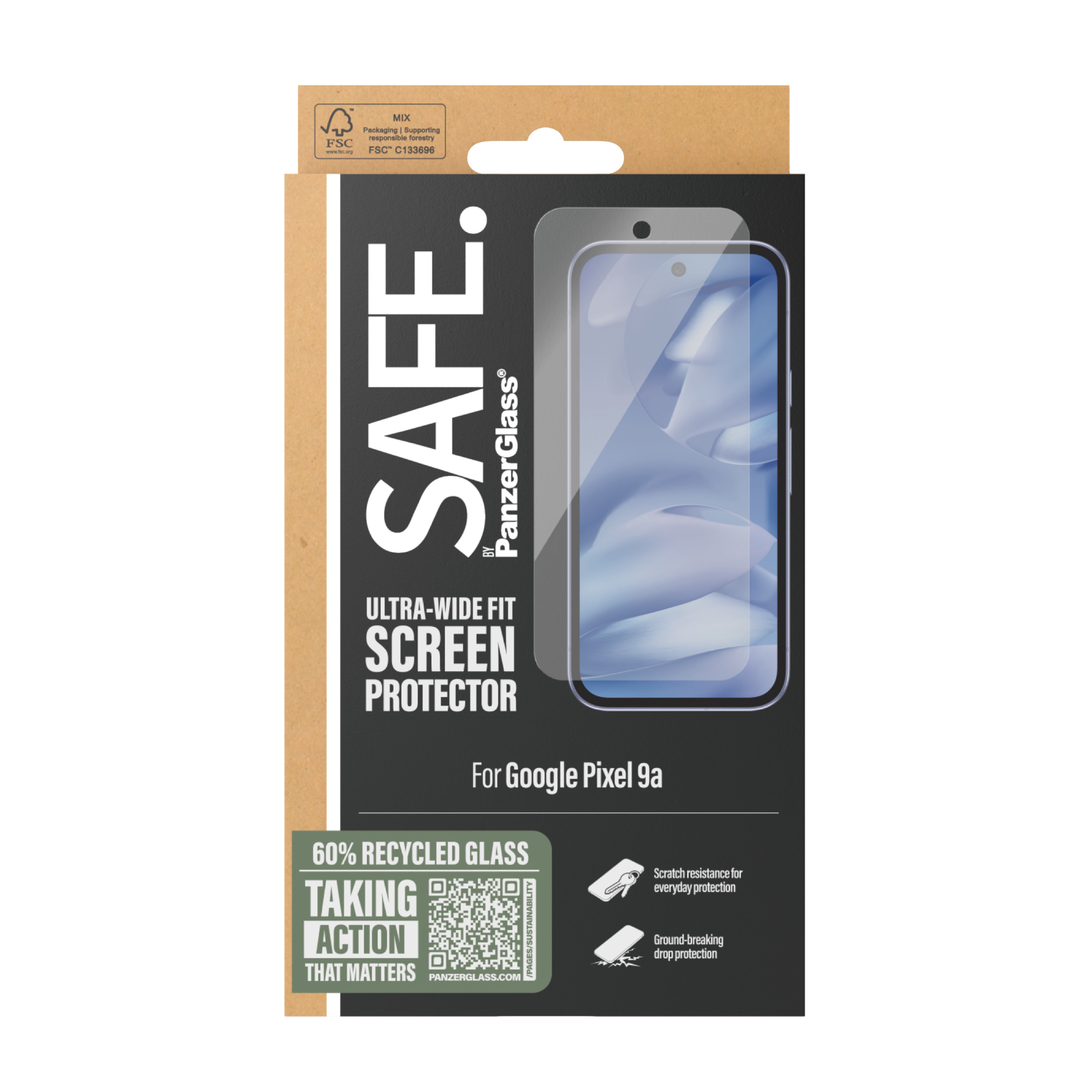 Pudełko na ochraniacz ekranu Pixel 9a. Tekst: SAFE by PanzerGlass.