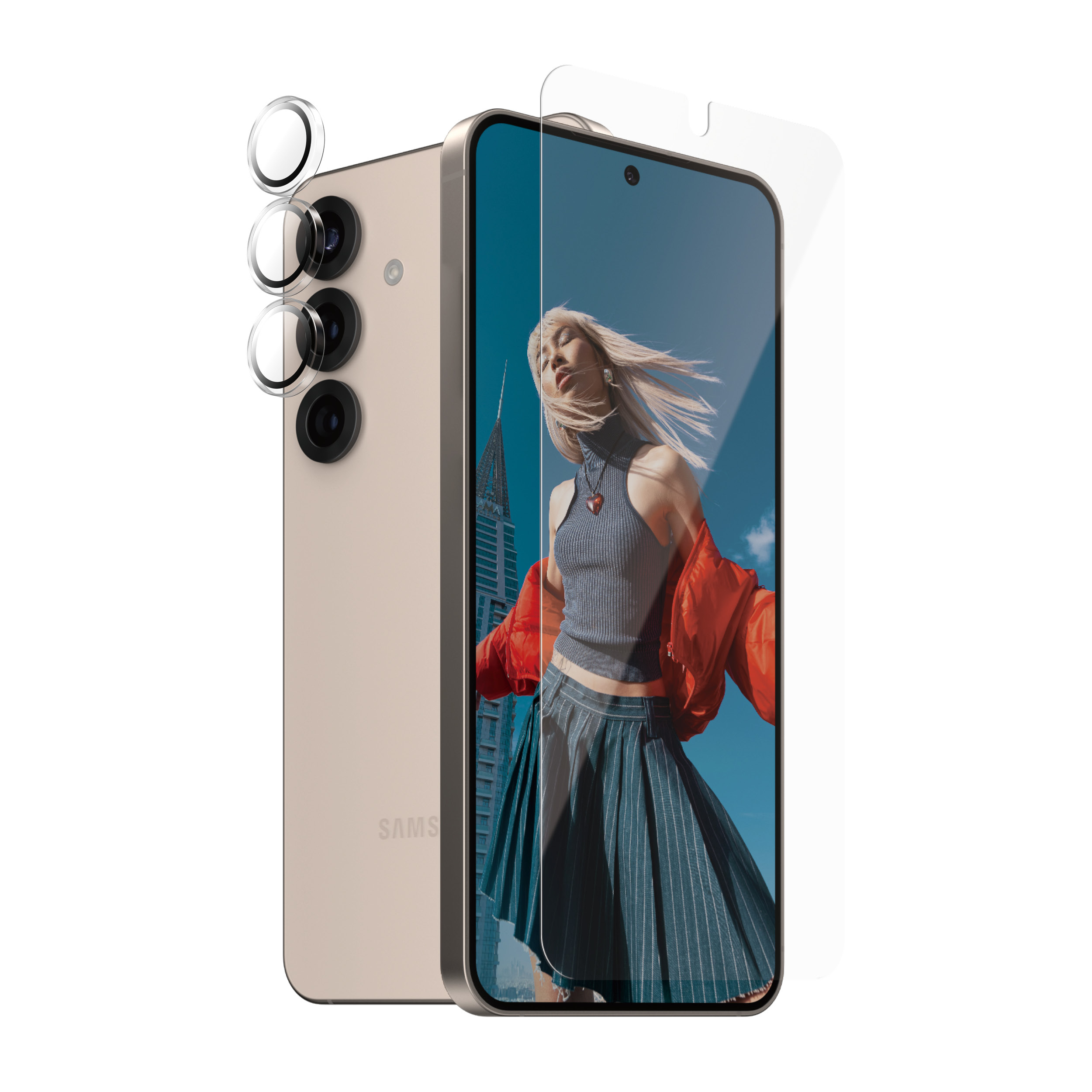 Telefono con protezione schermo e lenti. Donna con giacca rossa e gonna.