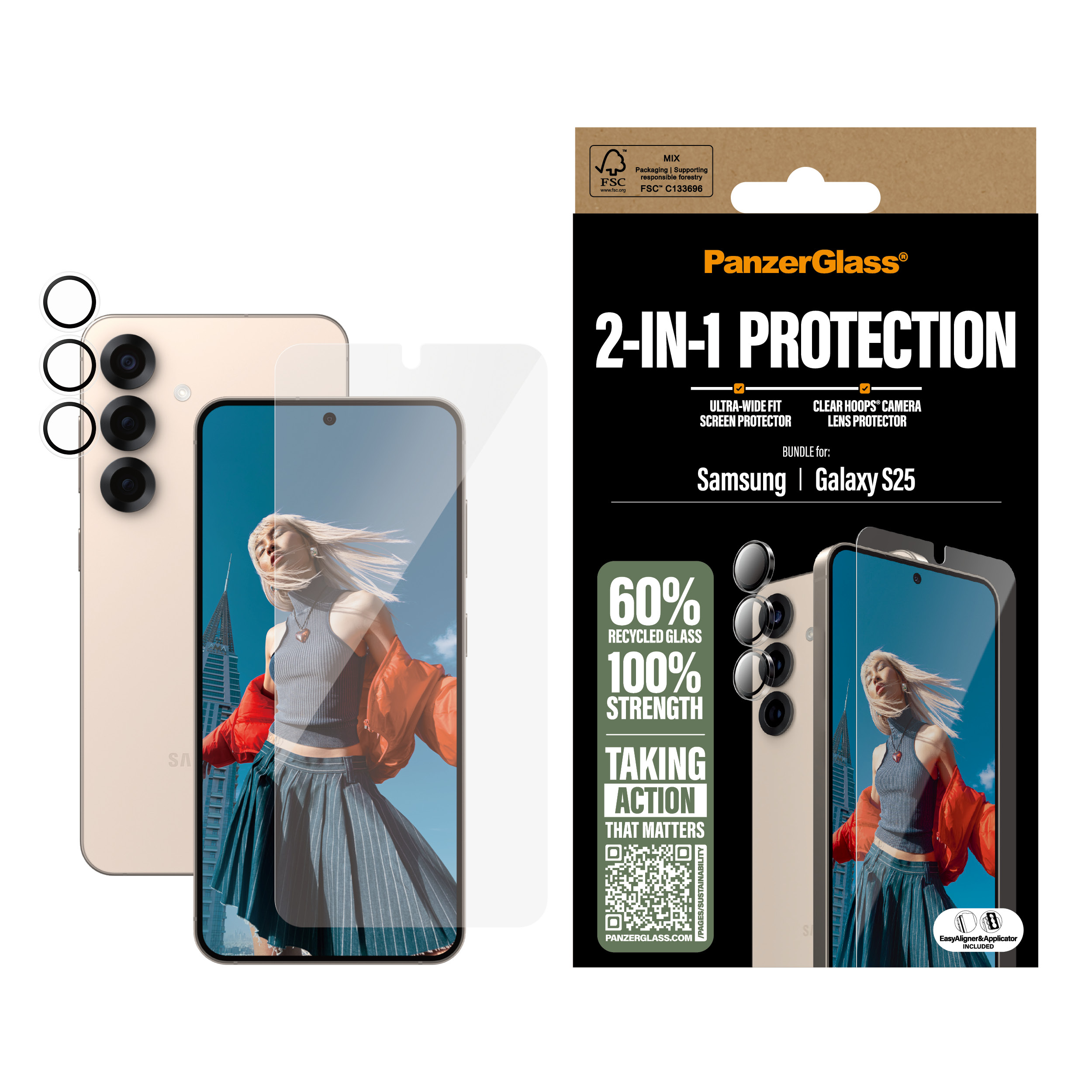 Uno smartphone con protezione schermo e confezione. Il telefono è oro e la confezione è marrone e bianca.