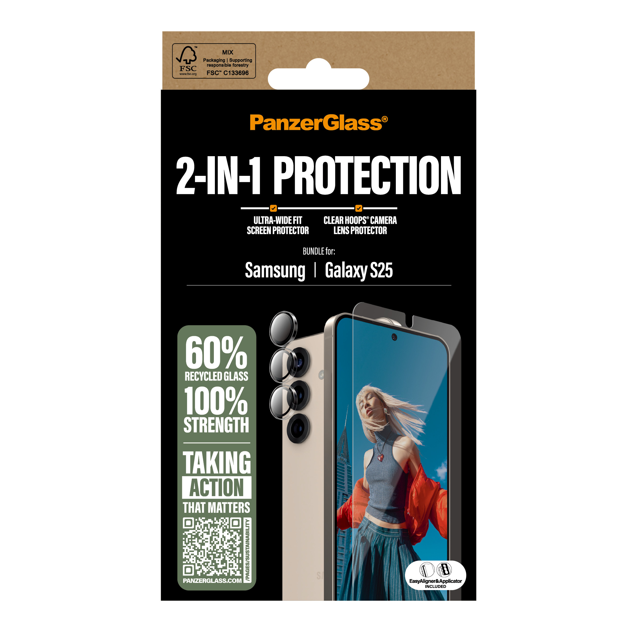 Scatola PanzerGlass 2-in-1 per Samsung Galaxy S25. Include protezione schermo.