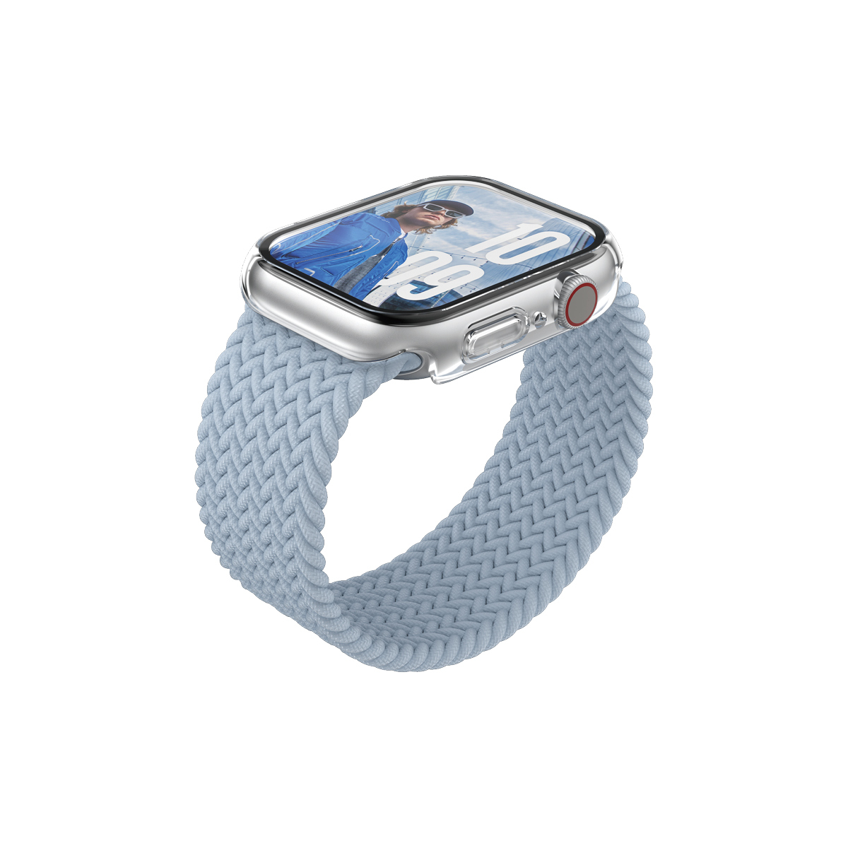 Apple Watch with light blue braided band. The screen shows a person. Silver case.