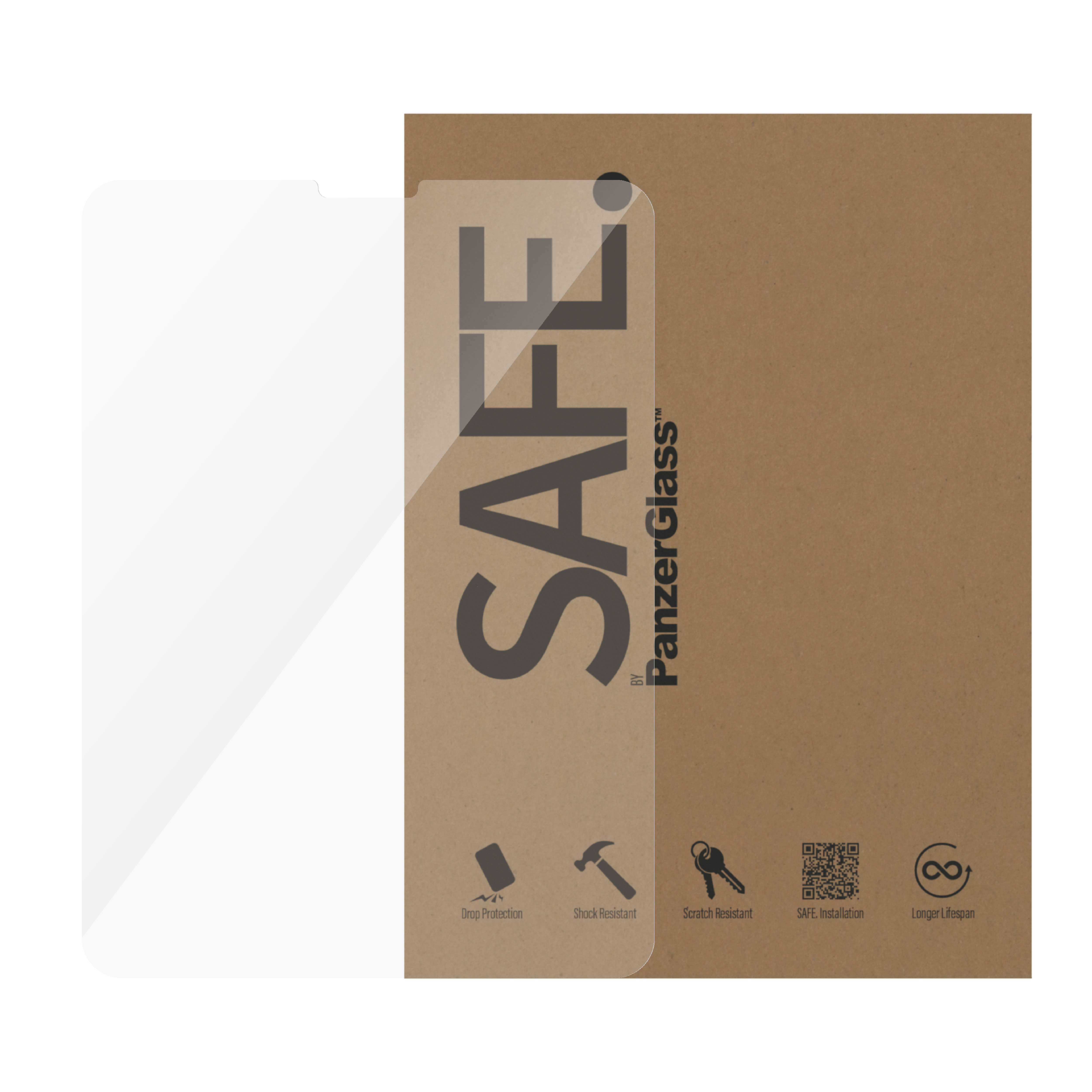 Protezione schermo su sfondo di cartone con marchio 'SAFE' e icone.