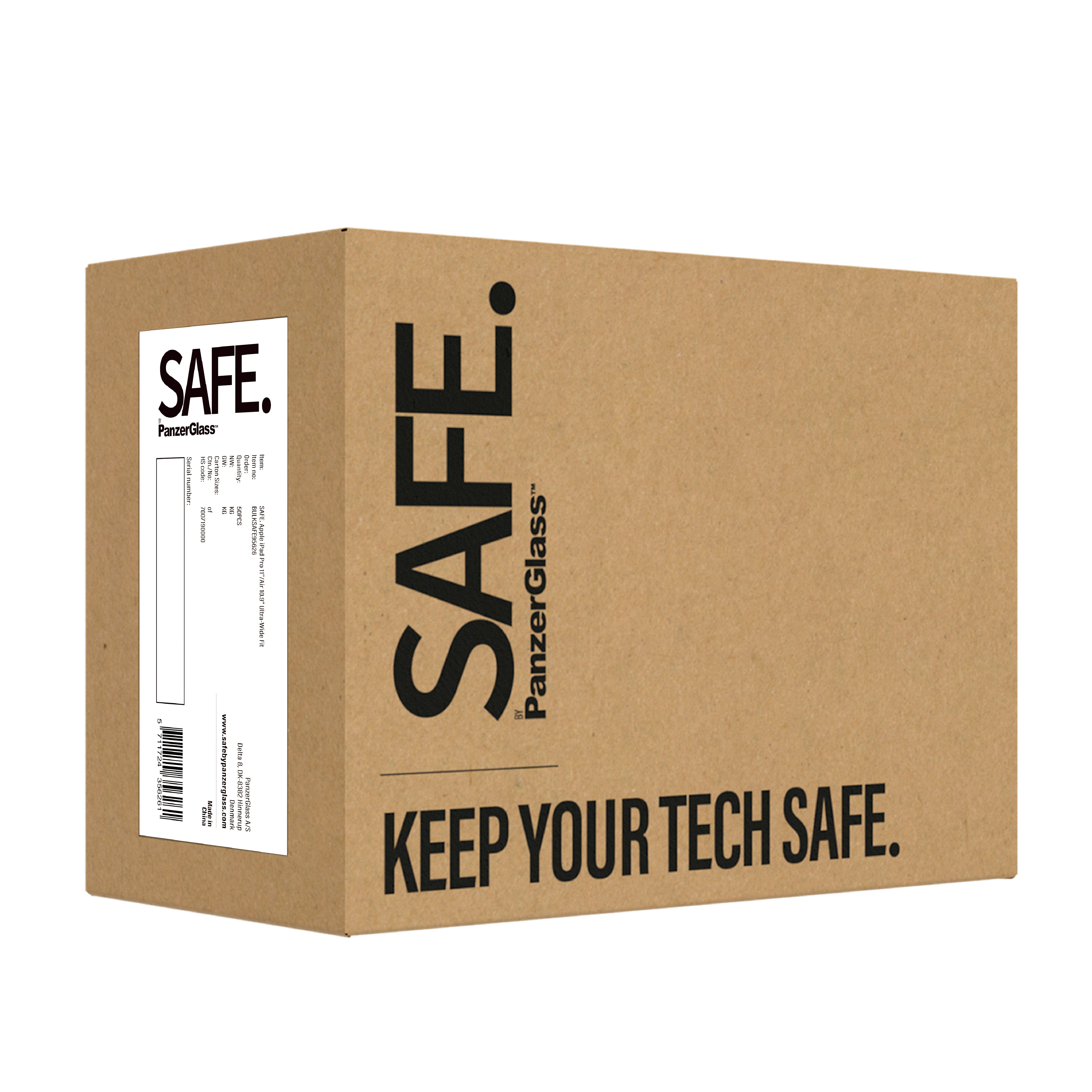 Scatola di cartone con marchio 'SAFE' ed etichetta bianca. Sotto è stampato 'KEEP YOUR TECH SAFE'.