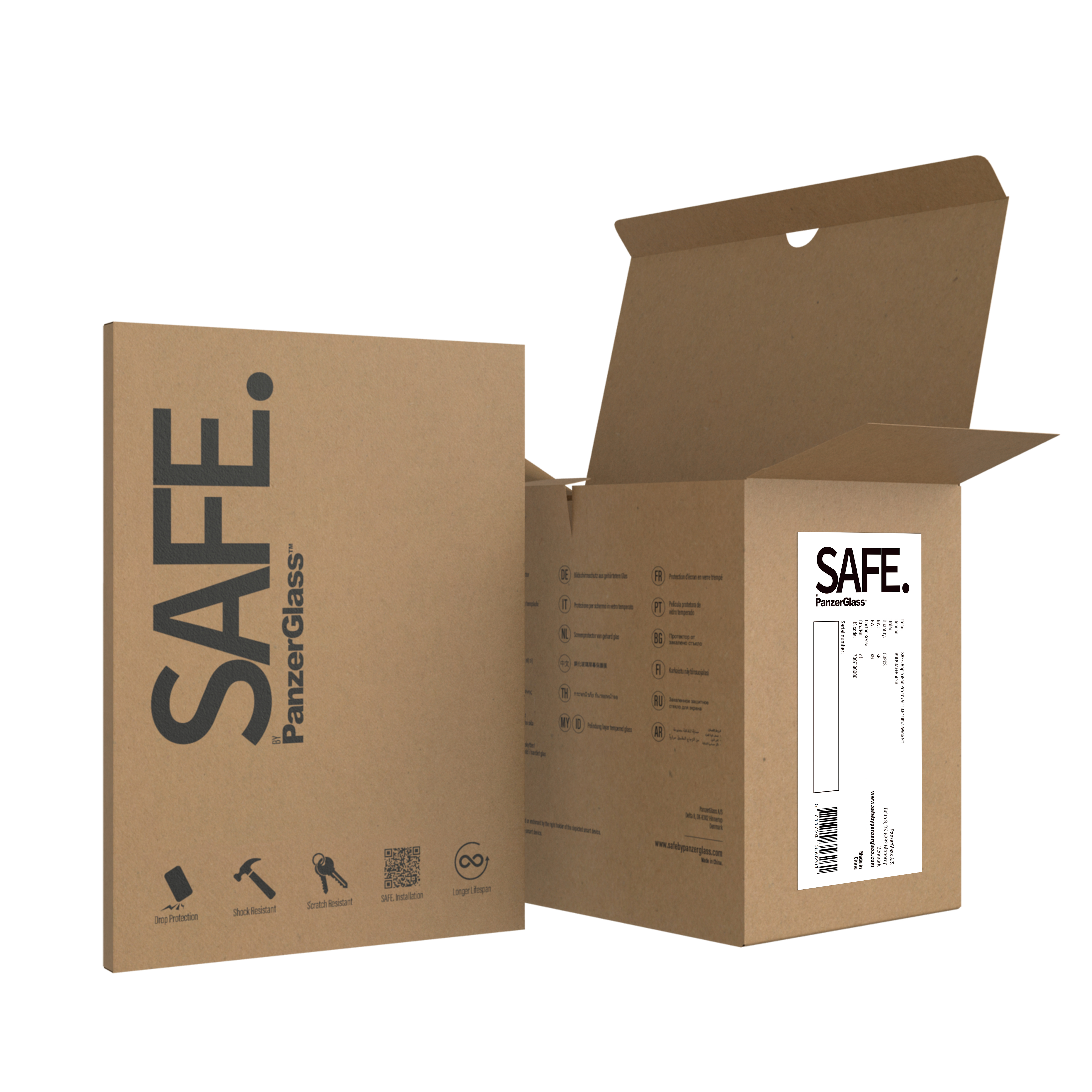 Scatola di cartone con logo SAFE. PanzerGlass, aperta e chiusa, su sfondo bianco.