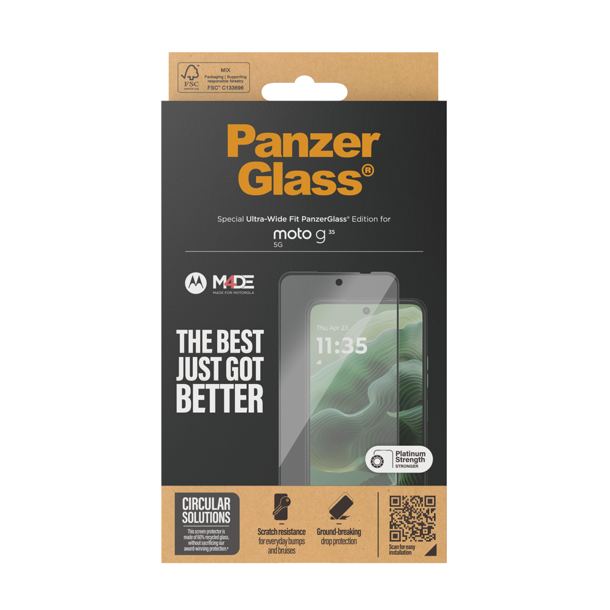 Scatola con telefono e protezione schermo. Il testo include 'PanzerGlass'. Sfondo bianco.