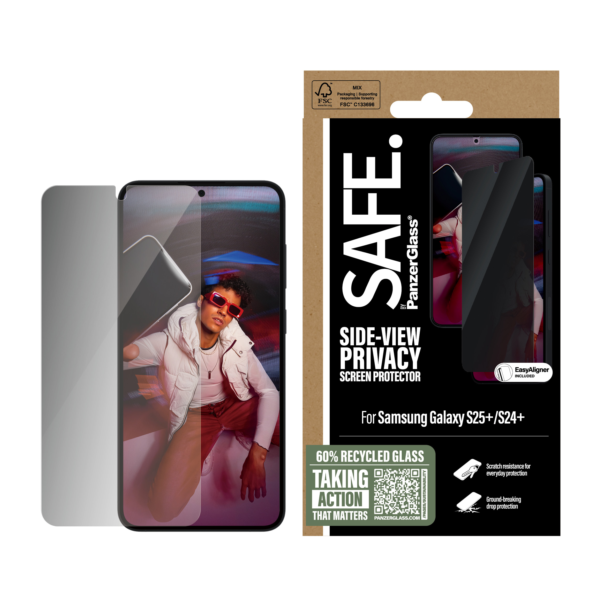 Telefono e protezione schermo, con una persona e una scatola sullo sfondo.