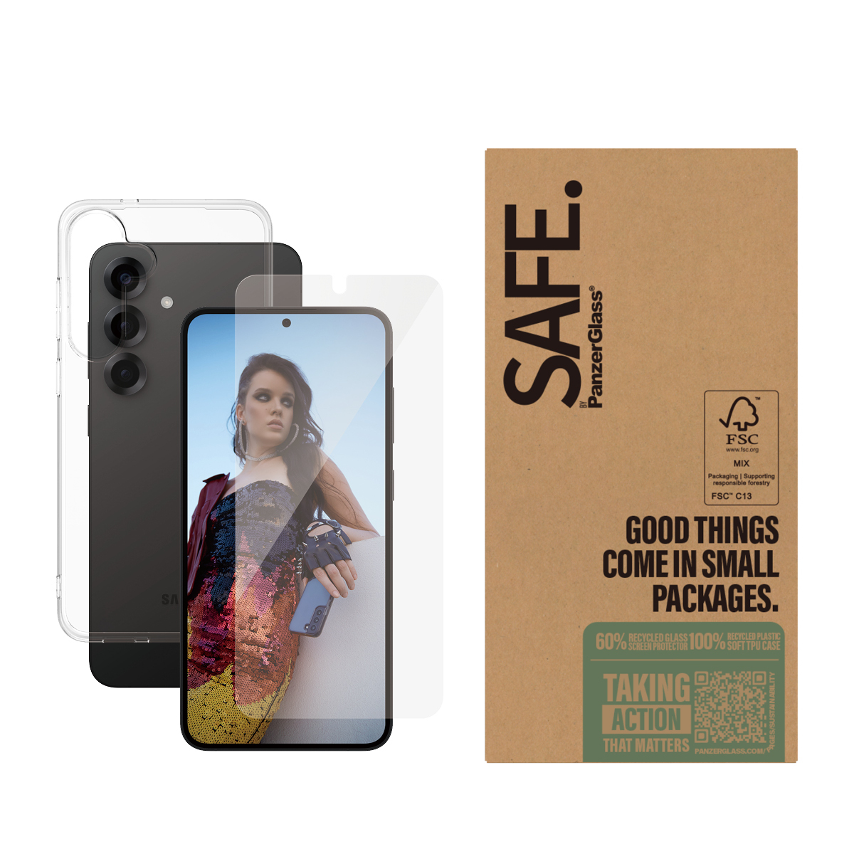 Uno smartphone, una protezione schermo e una custodia esposti davanti a una scatola.