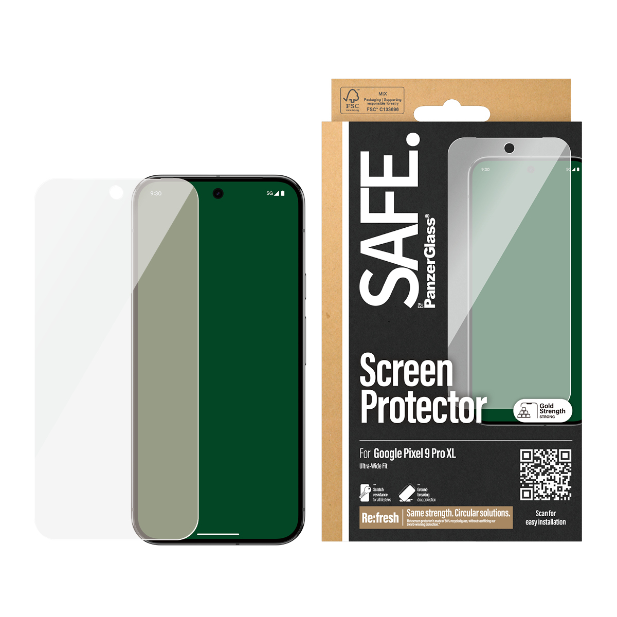 Ochraniacz ekranu i telefon obok opakowania produktu z napisem SAFE.