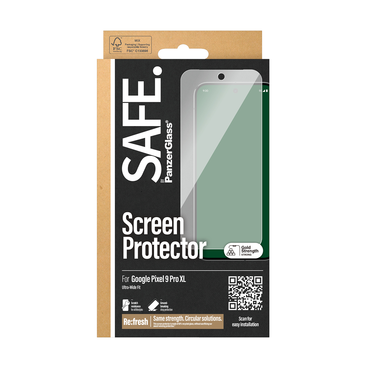 Ochraniacz ekranu i telefon obok opakowania produktu z napisem SAFE.