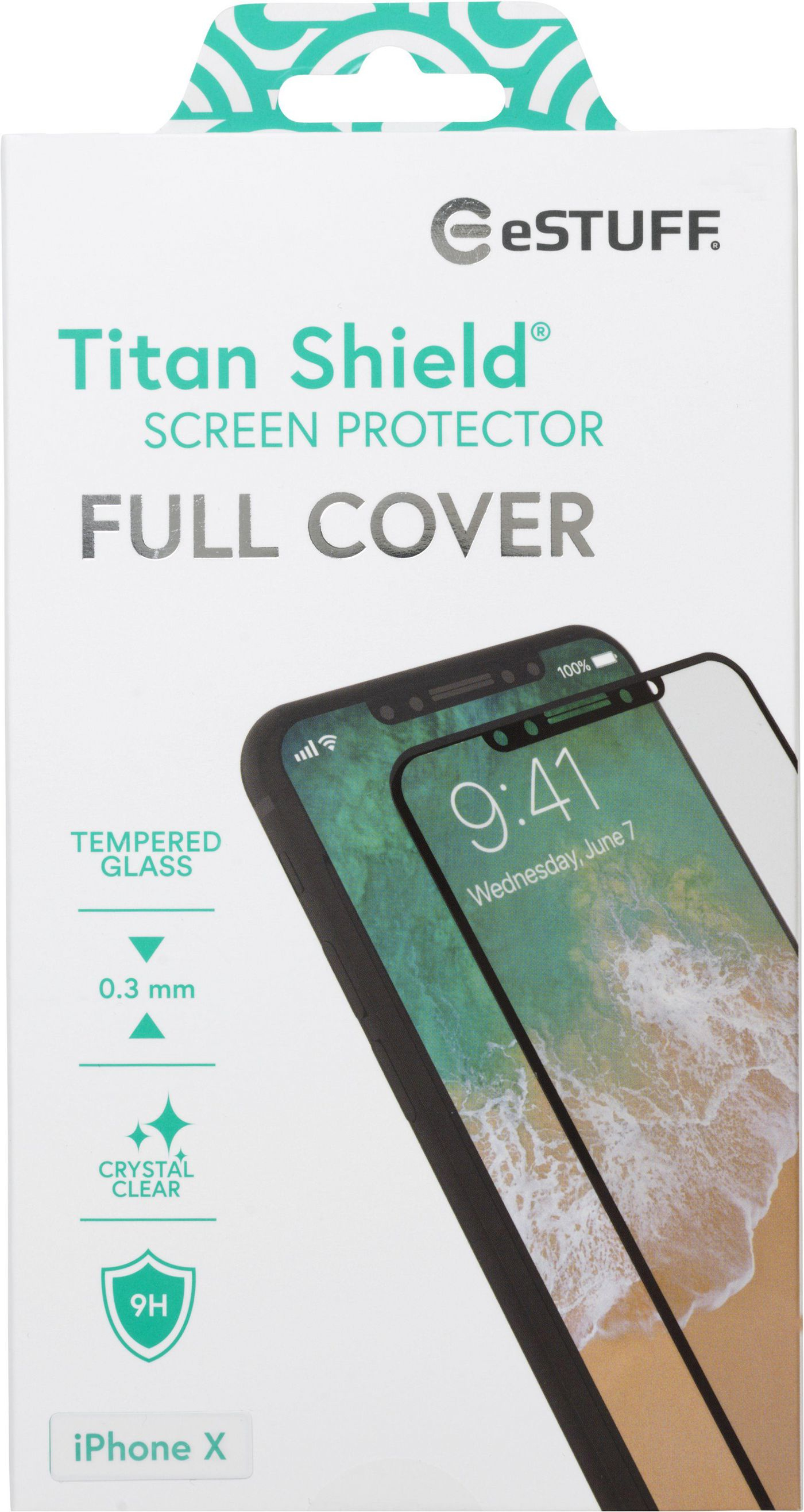 Scatola bianca e blu per una protezione schermo. Viene mostrato un iPhone con la protezione.