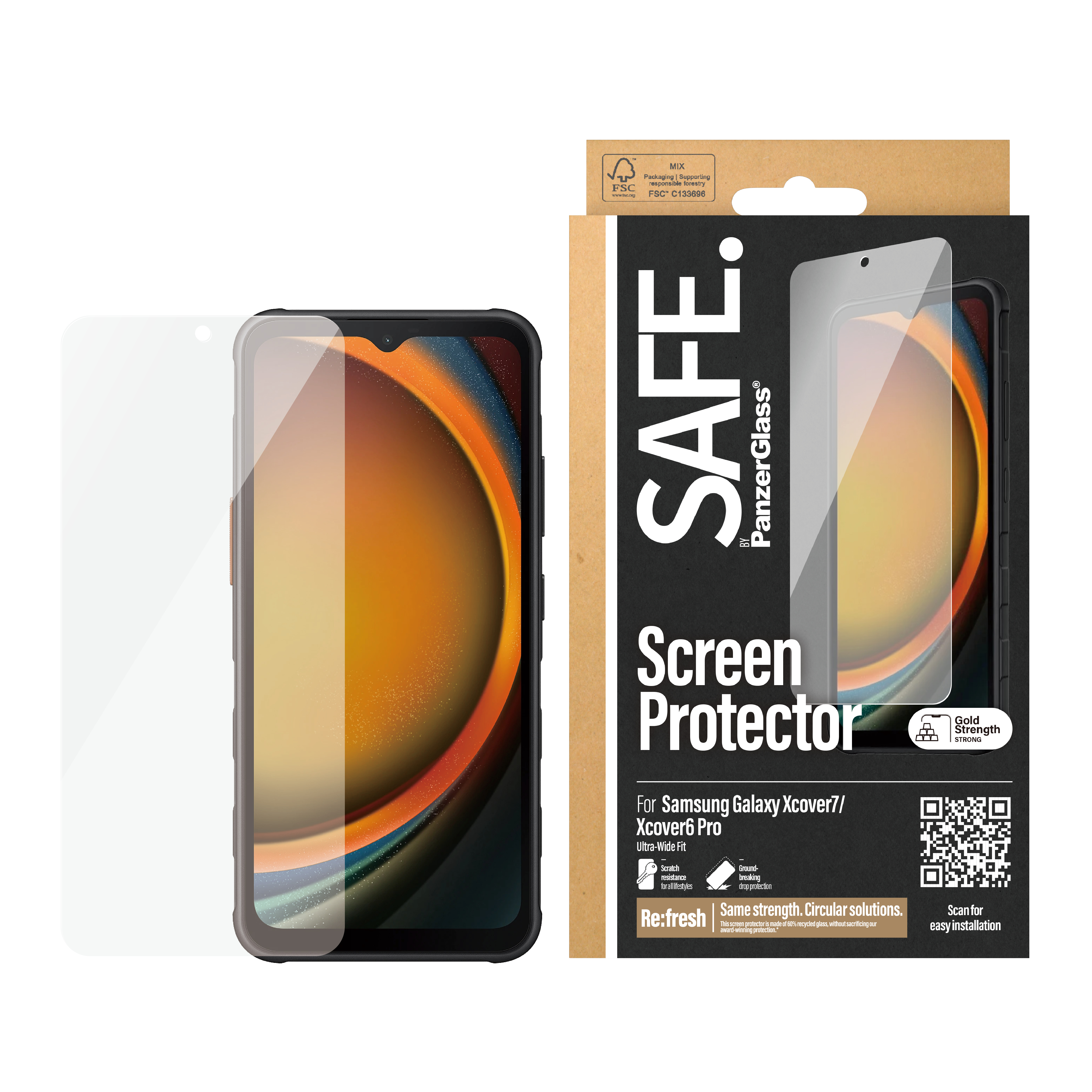Un telefono con protezione schermo accanto a una confezione prodotto. Dice SAFE by PanzerGlass.