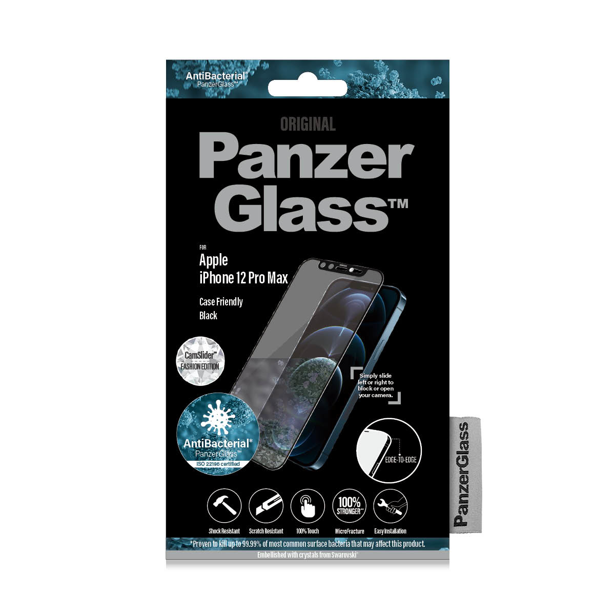 Una confezione di prodotto PanzerGlass per la protezione schermo per un iPhone 12 Pro Max.