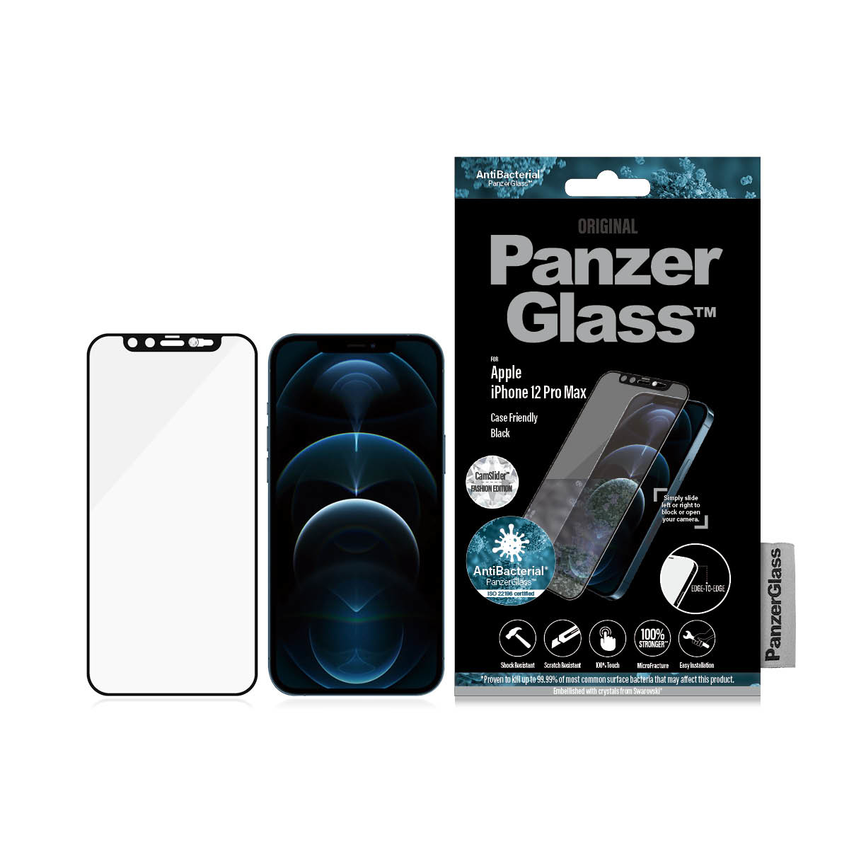 Scatola nera con testo 'PanzerGlass' e un telefono con protezione schermo accanto.
