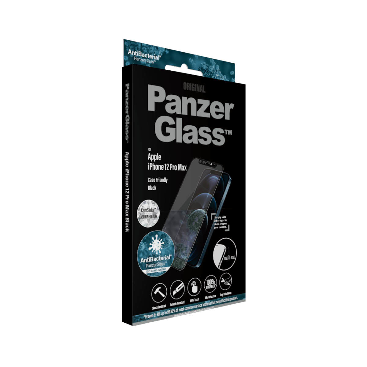 Scatola nera con testo 'PanzerGlass' e un telefono con protezione schermo.