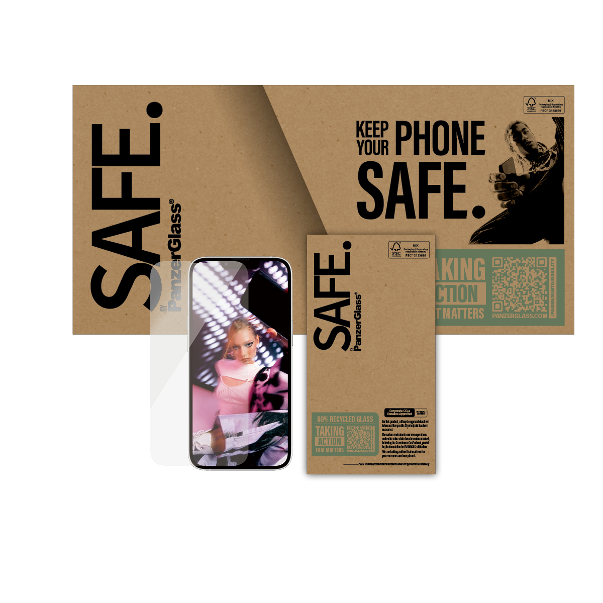 Phone with screen protector, box and package. Text: SAFE, Taking Action, 60% recycled glass.
