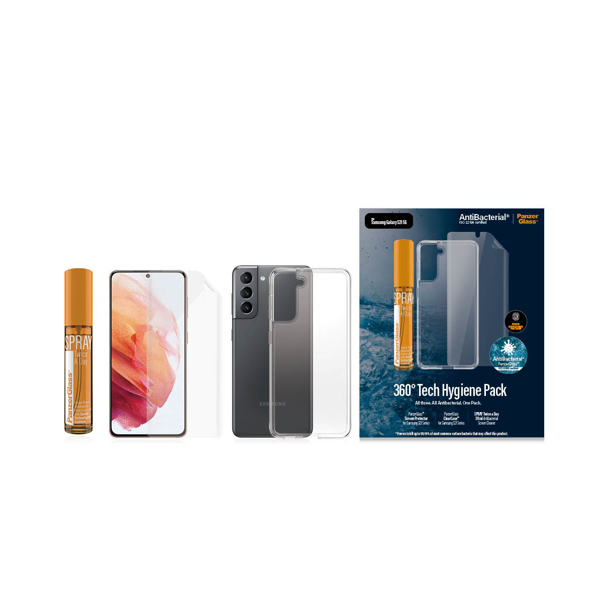 Telefono con protezione schermo, spray e confezione. Telefono nero, protezione e spray. Sfondo bianco.