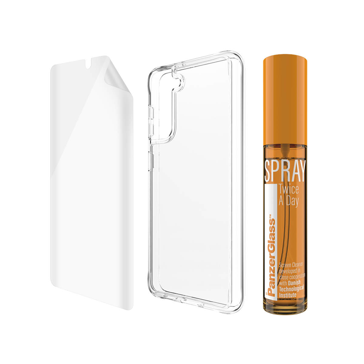 Protezione schermo, custodia e flacone spray. Sfondo bianco.