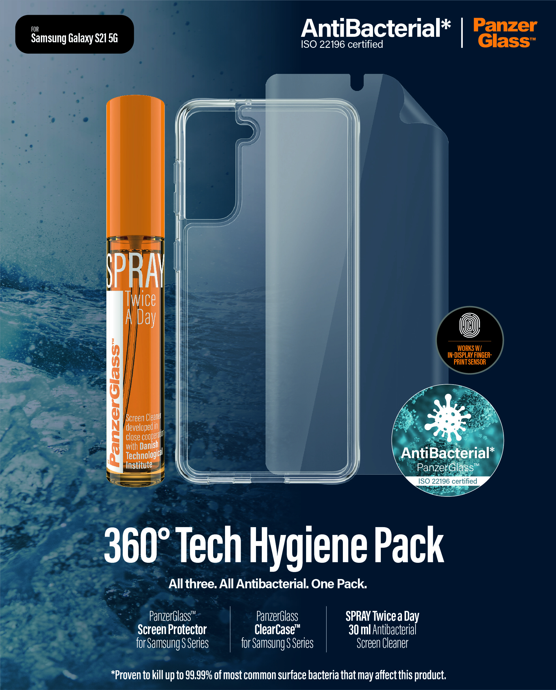 Un Tech Hygiene Pack a 360° con protezione schermo, custodia e spray detergente.