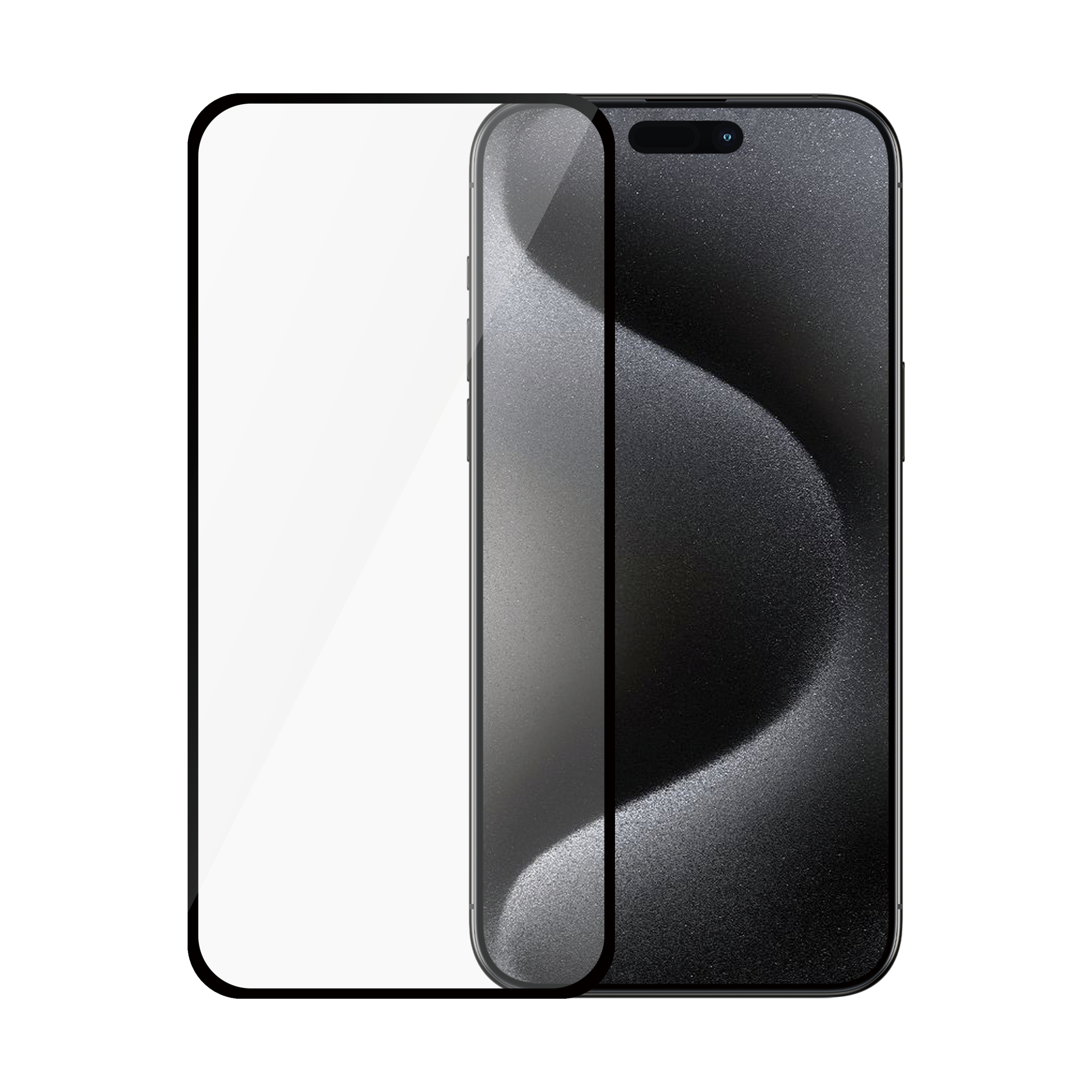 Smartphone con protezione schermo. Telefono nero con protezione schermo, sfondo bianco.