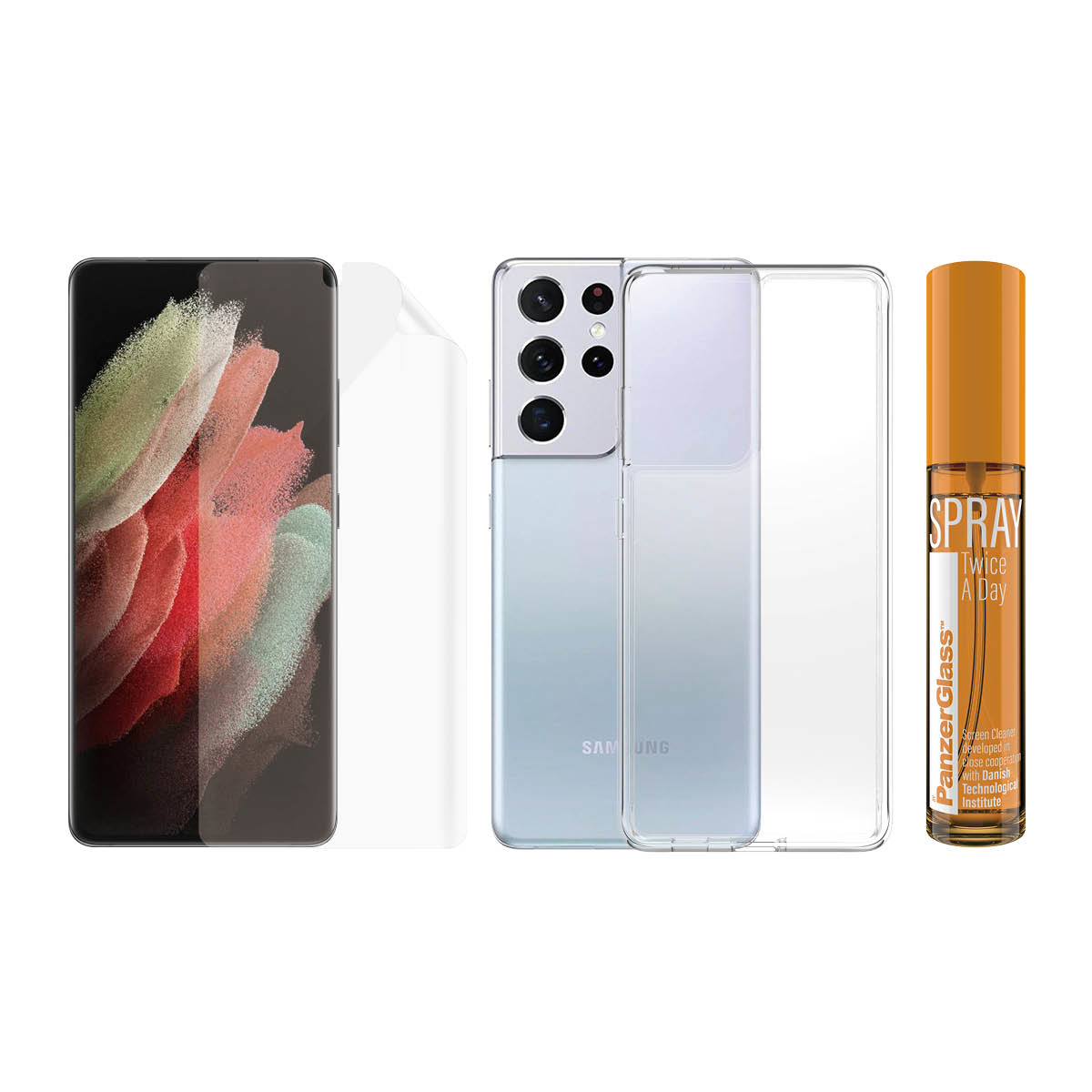 Telefono e accessori: un telefono, protezione schermo, custodia e flacone spray, tutto su una superficie bianca.