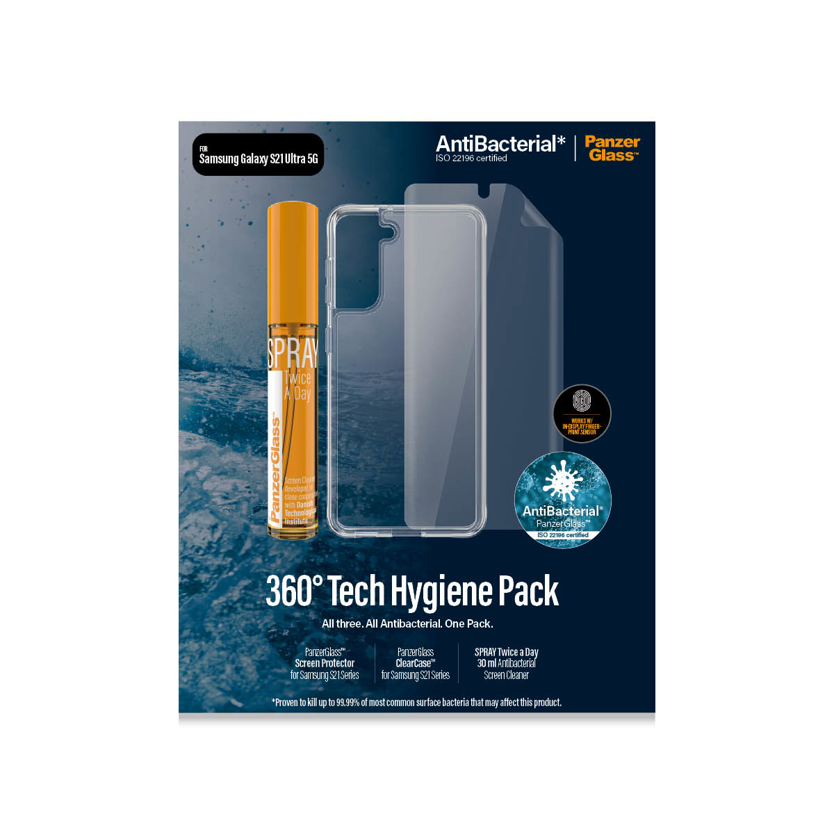 Un Tech Hygiene Pack a 360° include protezione schermo, custodia trasparente e spray con confezione.