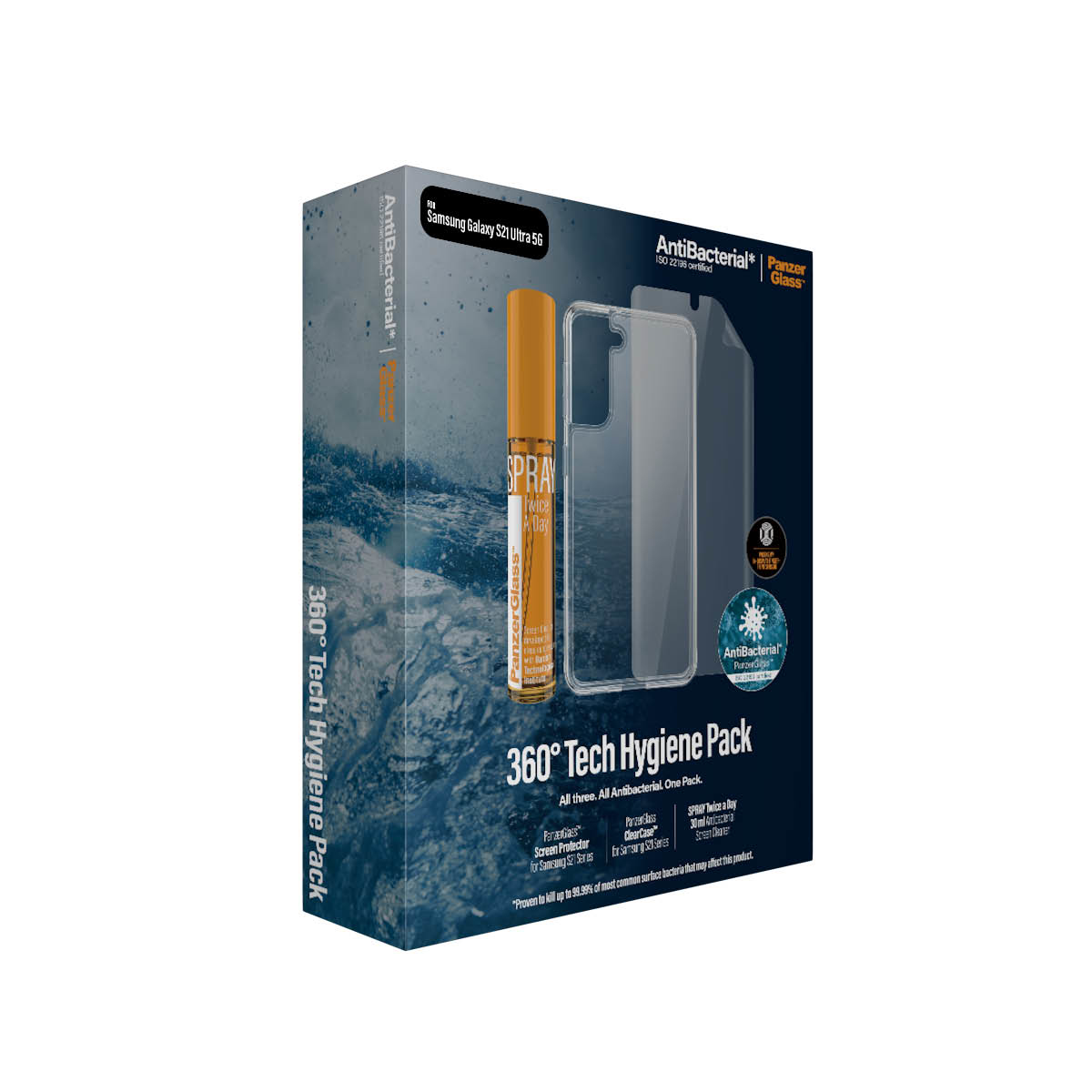 Confezione del prodotto con proteggi schermo, spray detergente e custodia.
