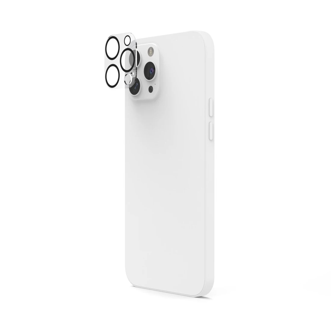 Telefono bianco con protezione obiettivo collegata. Gli obiettivi della fotocamera sono visibili.