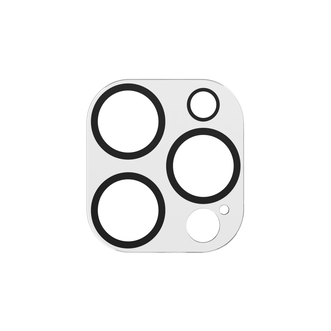 Protezione trasparente per lenti per un telefono, con diversi fori per gli obiettivi della fotocamera.