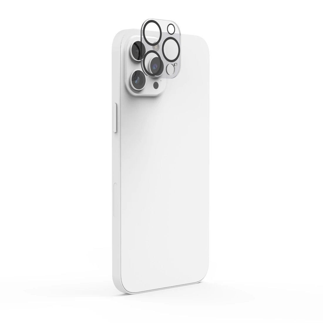 Telefono bianco con protezione trasparente per lenti sul retro, che mostra gli obiettivi della fotocamera.