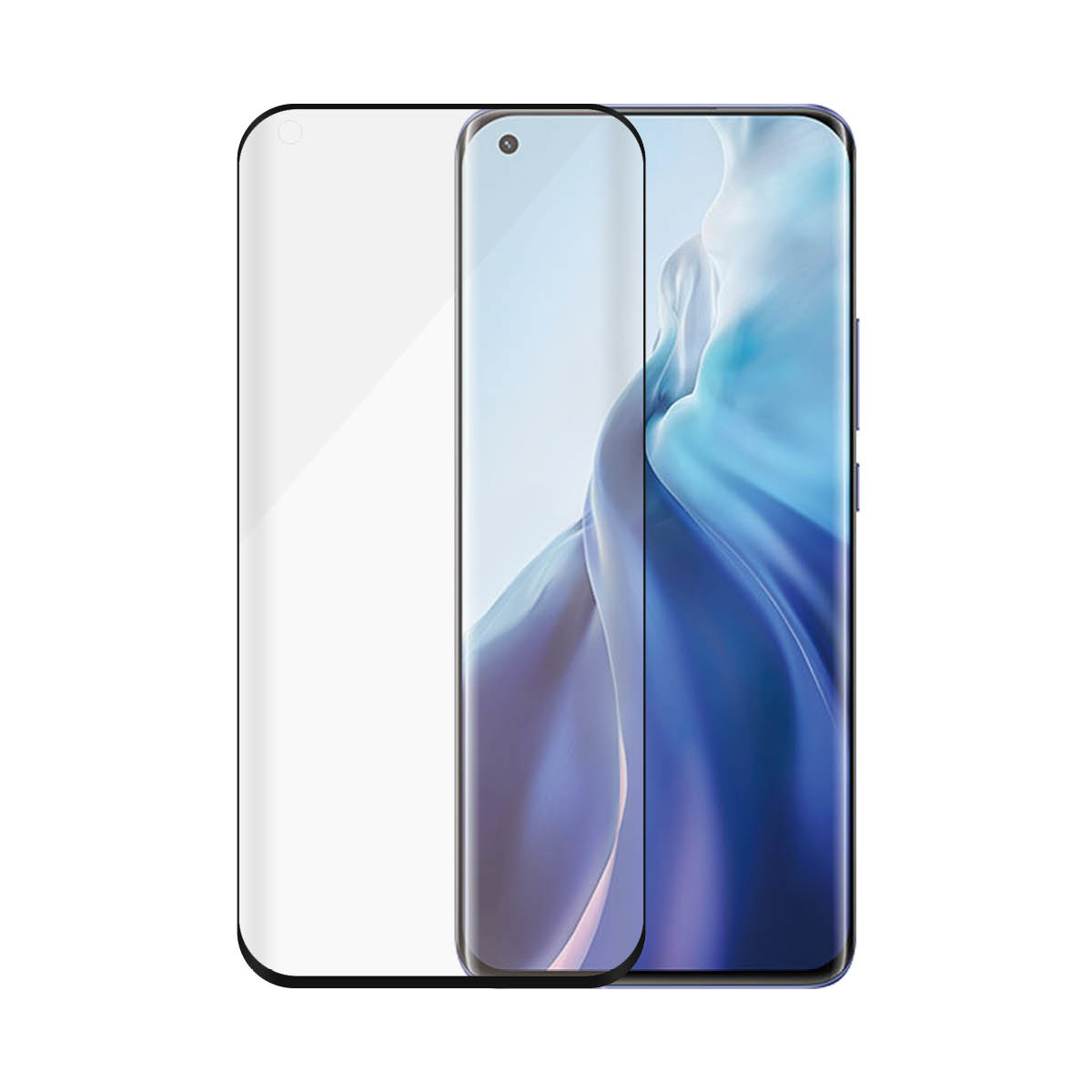 Téléphone avec protecteur d'écran appliqué. Le téléphone a un écran incurvé avec un arrière-plan dégradé bleu. Le protecteur est clair.