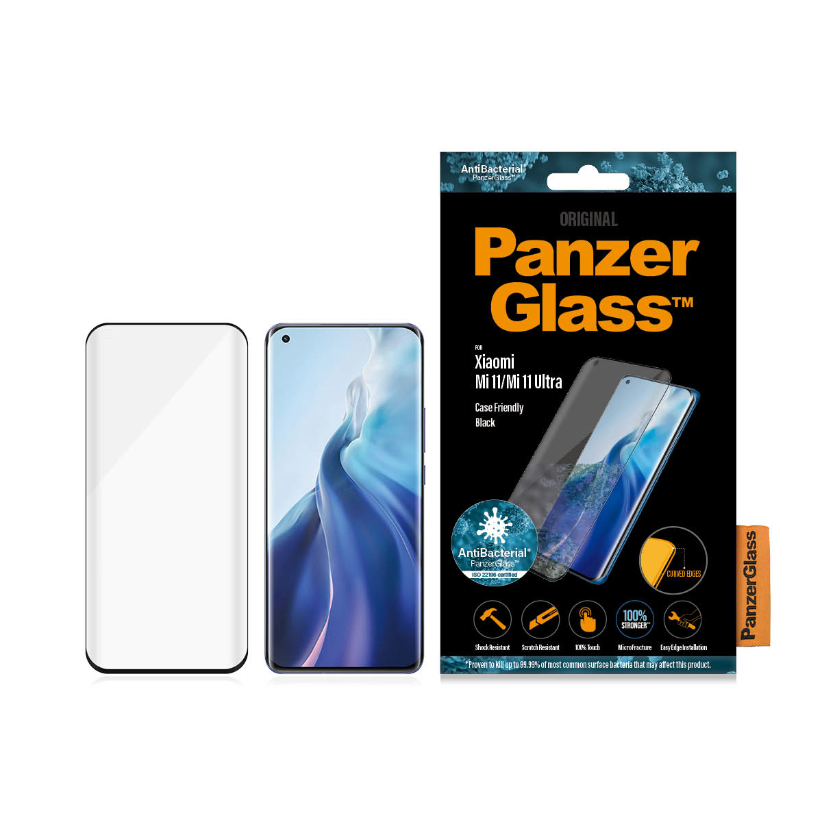 Boîte avec protecteur d'écran et téléphone. Texte : Panzer Glass, Protection antibactérienne, 100 % sans bulles et bords incurvés.