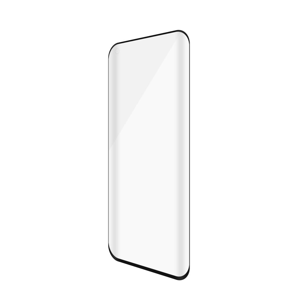 Protecteur d'écran transparent pour un téléphone, avec des bords noirs et un trou pour la caméra en haut. Le fond est blanc.