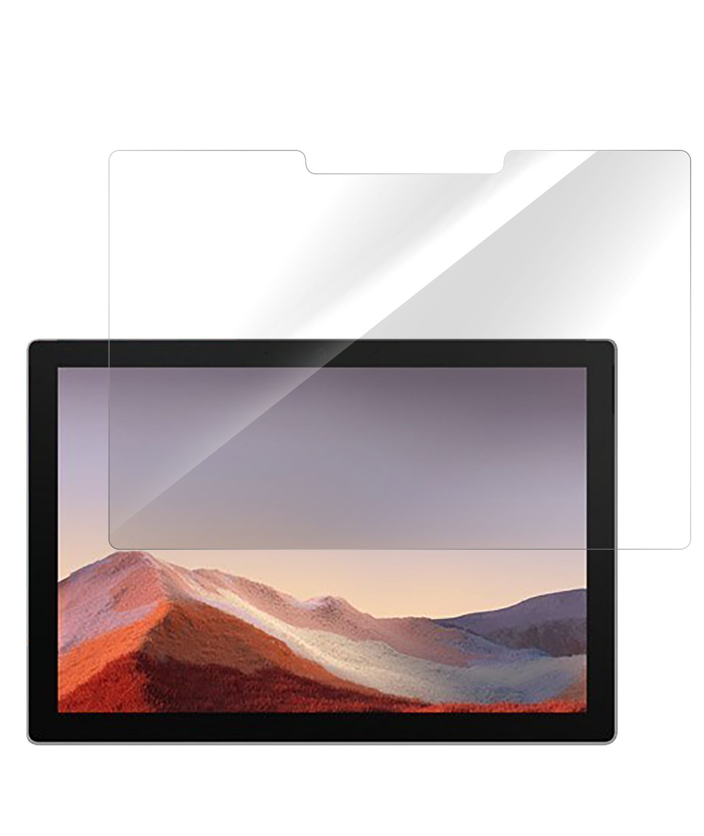 Tablet con protezione applicata. Tablet mostra una scena paesaggistica. La protezione è trasparente e ha un ritaglio in alto.
