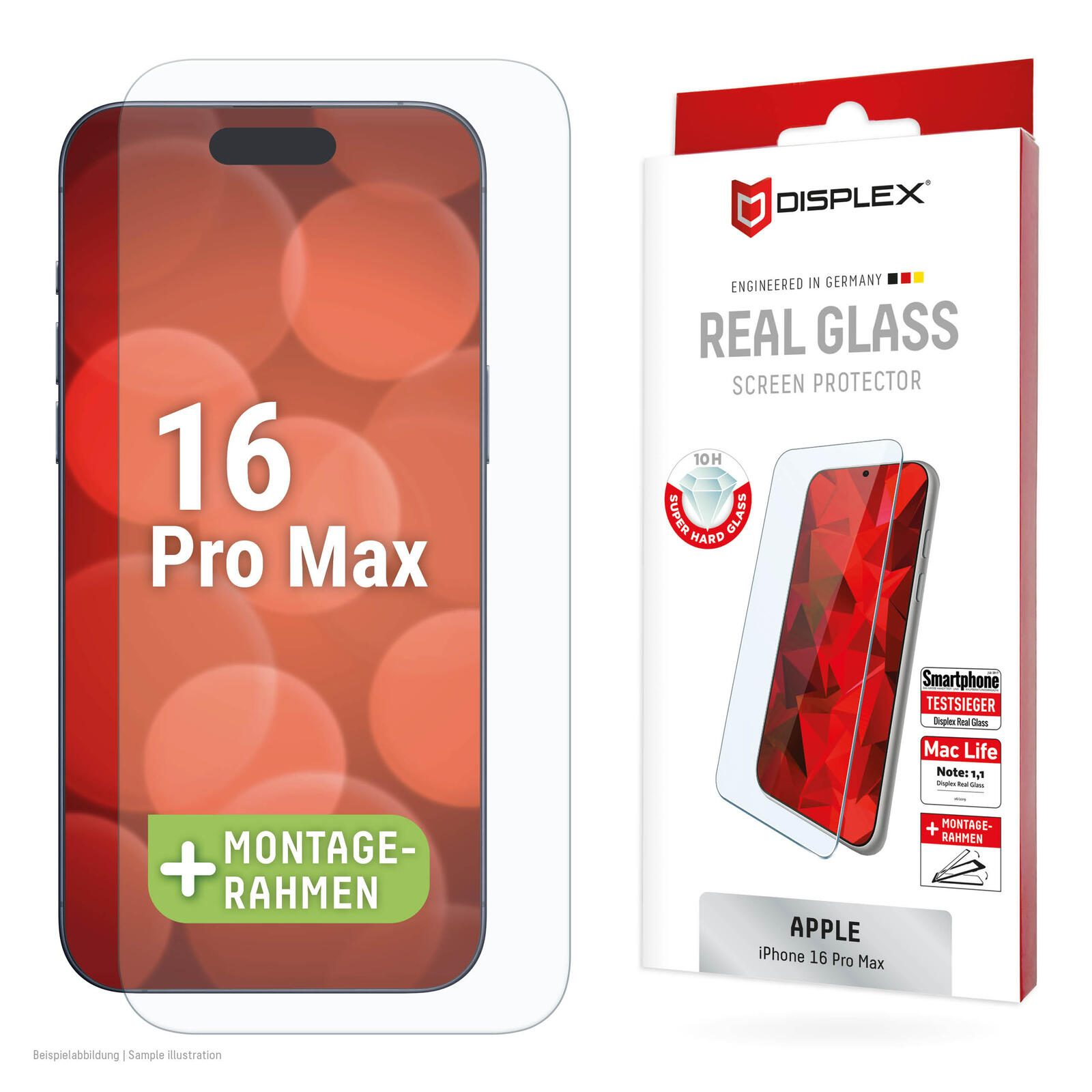 Un telefono con la sua protezione per lo schermo e la confezione. La confezione indica Apple iPhone 16 Pro Max.