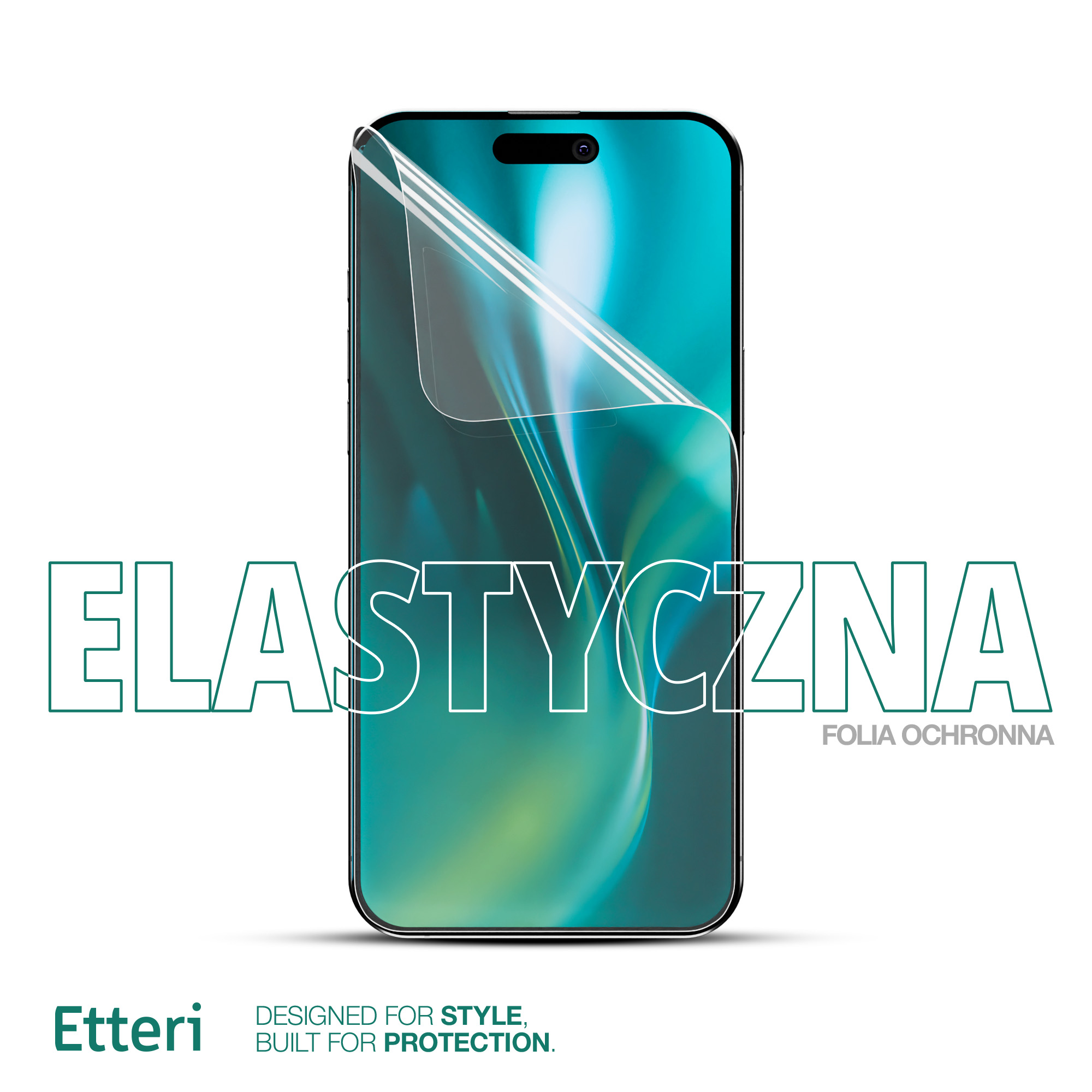 Smartfon z elastycznym ochraniaczem ekranu. Ochraniacz jest przezroczysty z polskim tekstem.