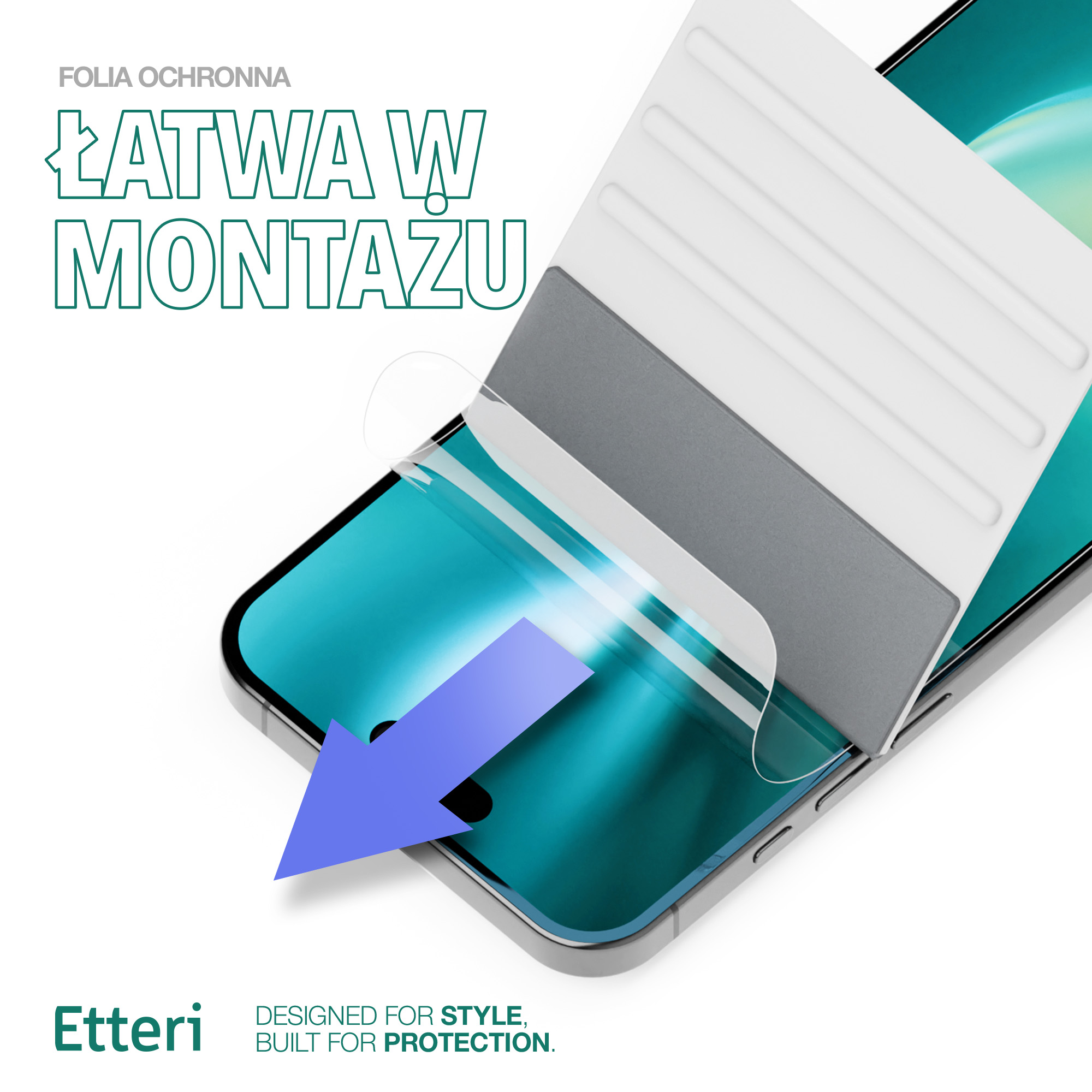 Telefon z naklejaną osłoną ekranu, z niebieską strzałką wskazującą na urządzenie.