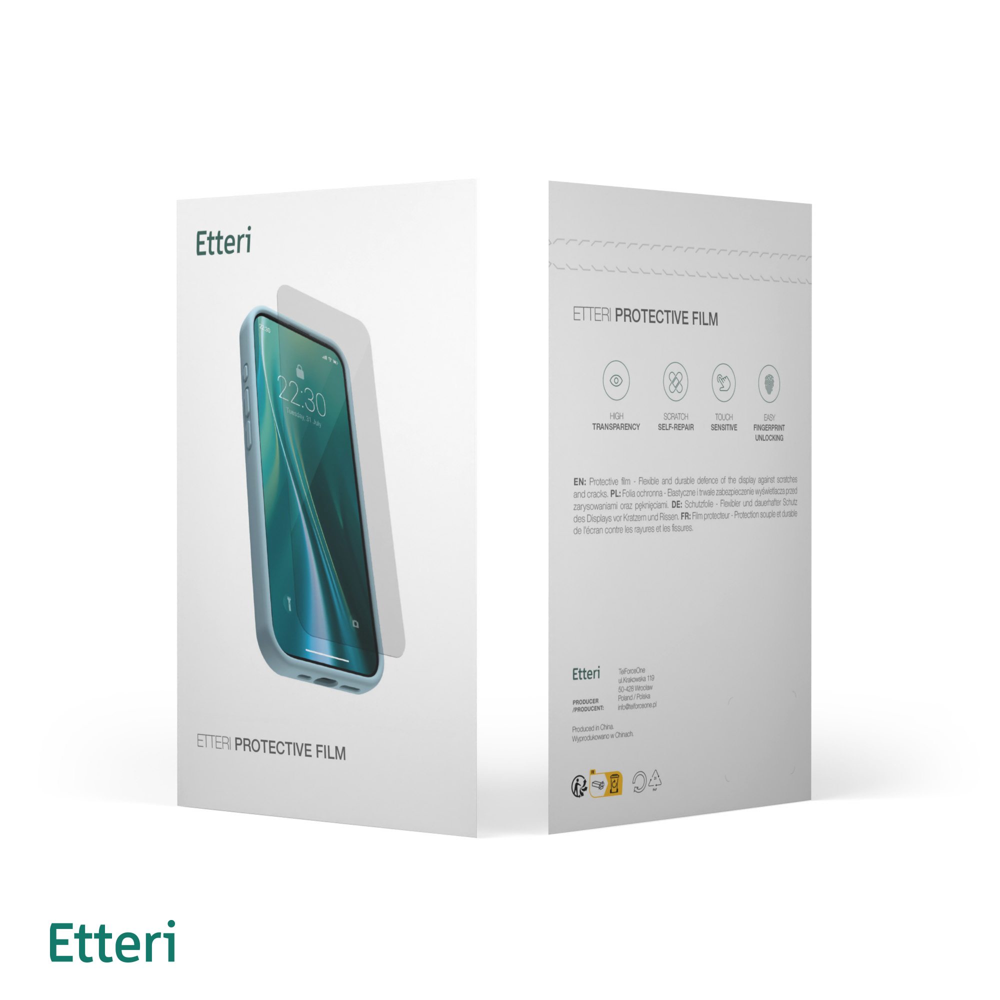 Opakowanie folii ochronnej z telefonem pokazującym ochraniacz ekranu i godzinę.