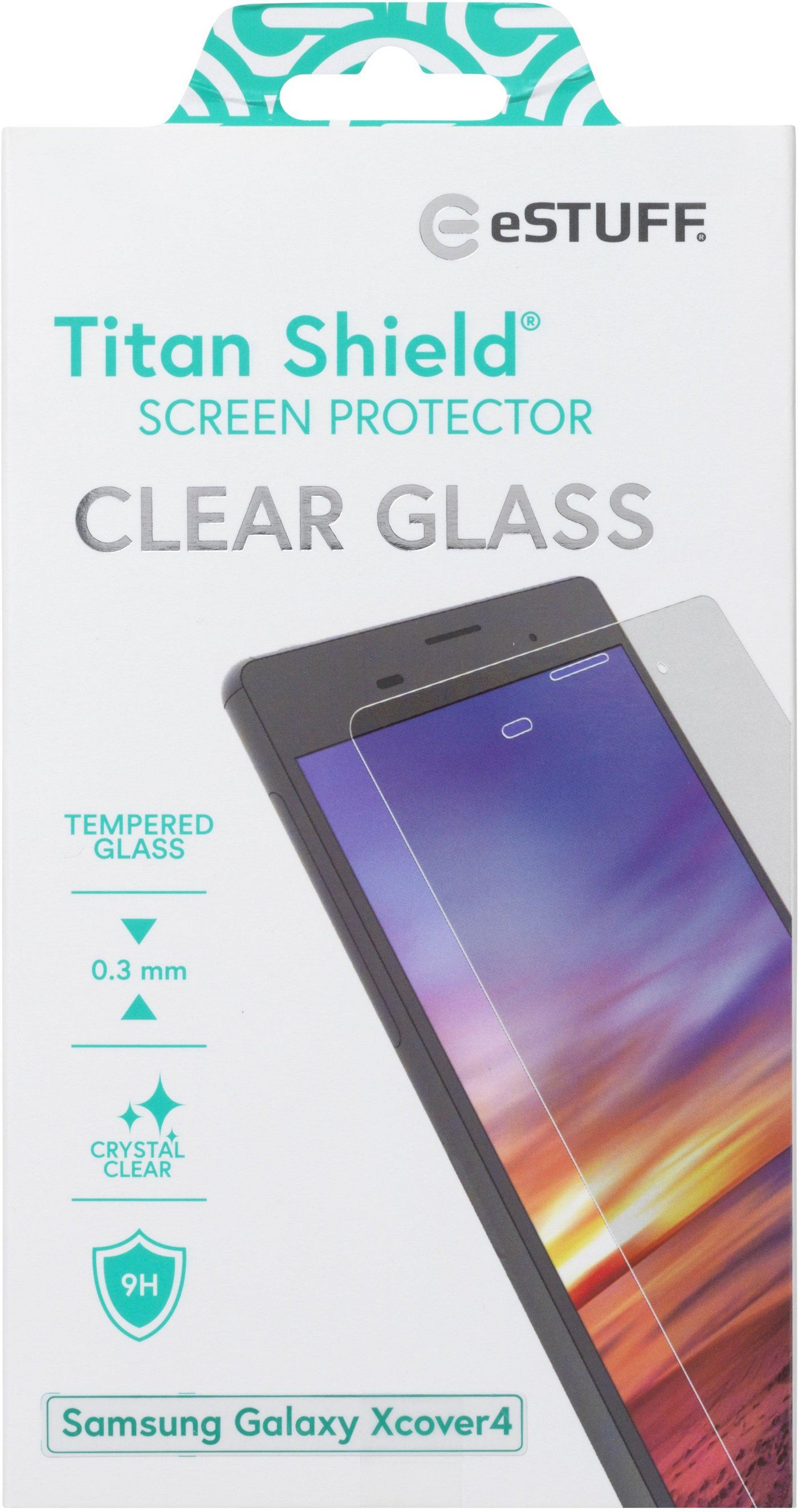 Confezione di protezione schermo con un telefono, etichettata Titan Shield Clear Glass.