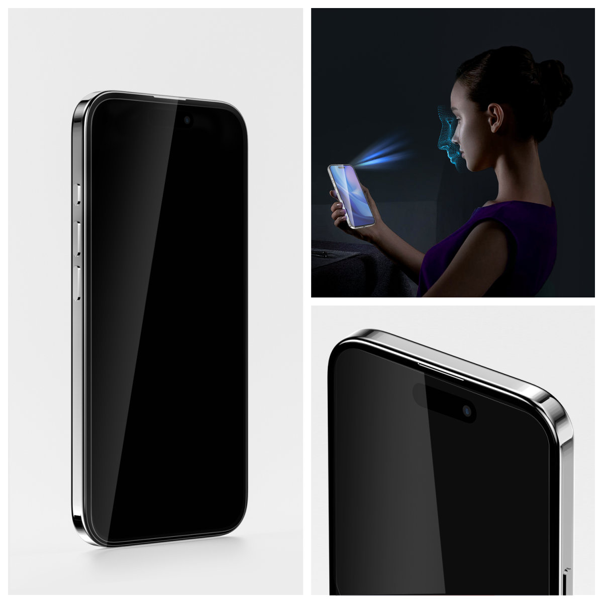 Telefono e protezione schermo. Donna usa riconoscimento facciale, fotocamera attiva.