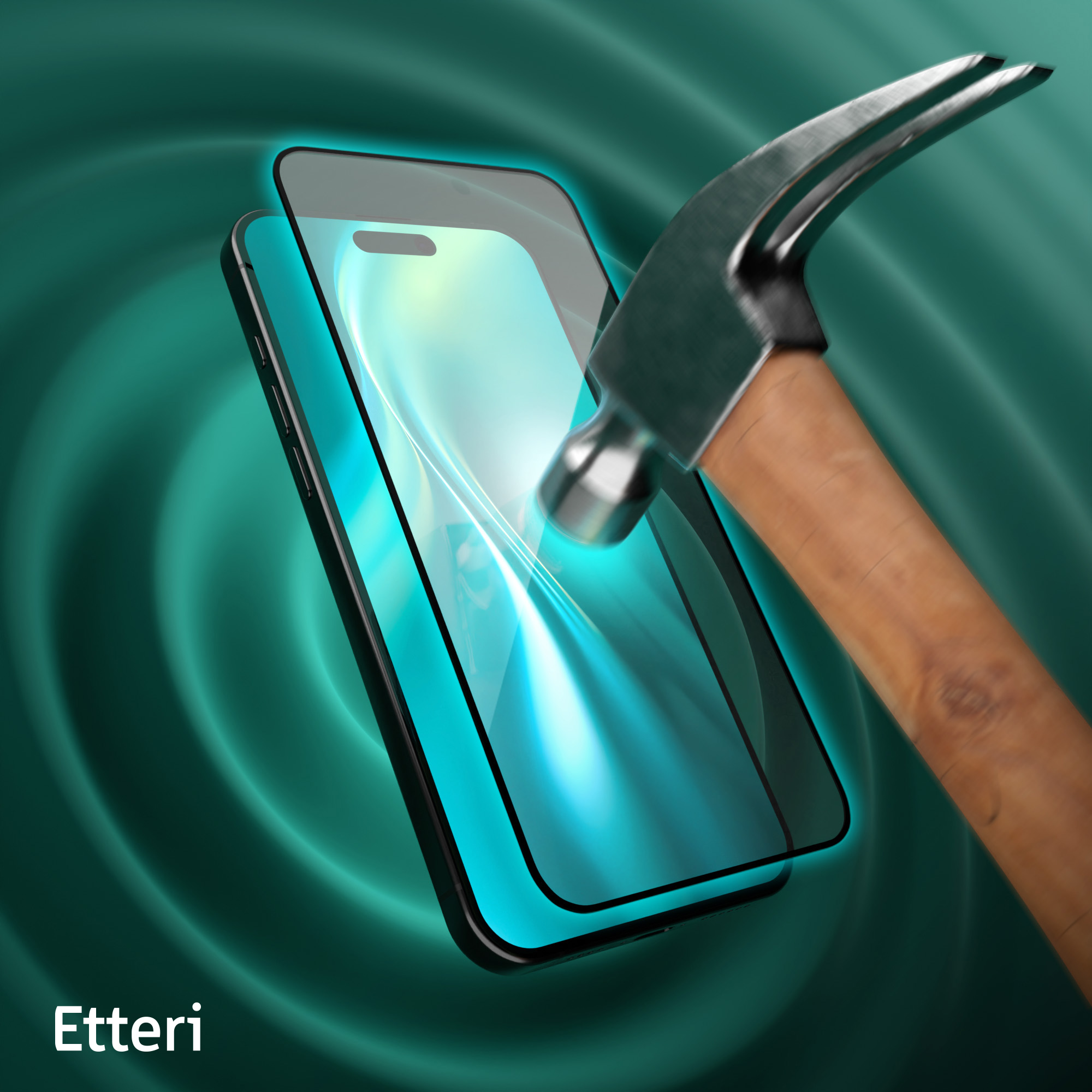 Młotek uderzający w telefon z ochraniaczem ekranu. Zielone tło z efektem wirowania.