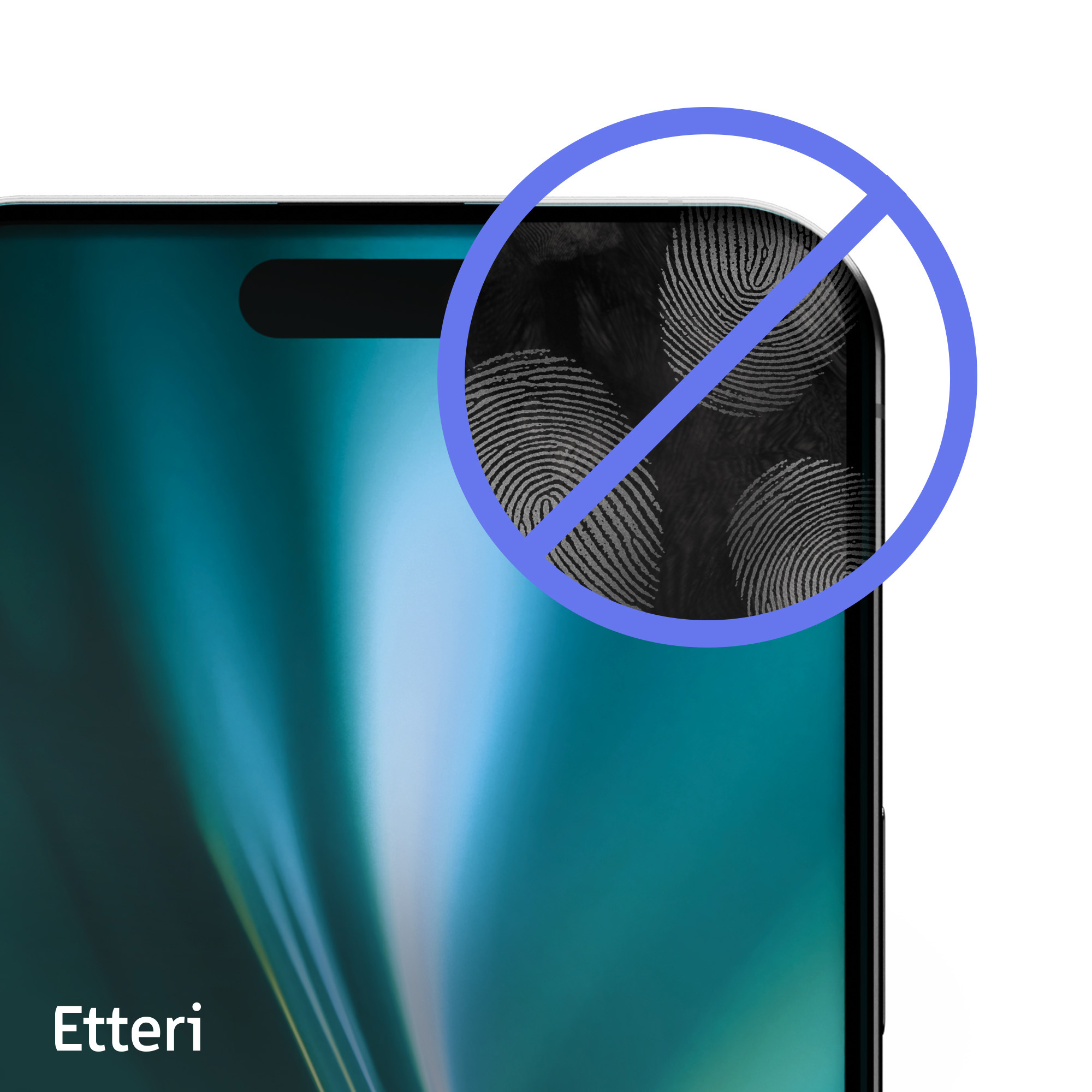 Ekran telefonu z odciskami palców oznaczonymi okręgiem i przekreślonym symbolem.