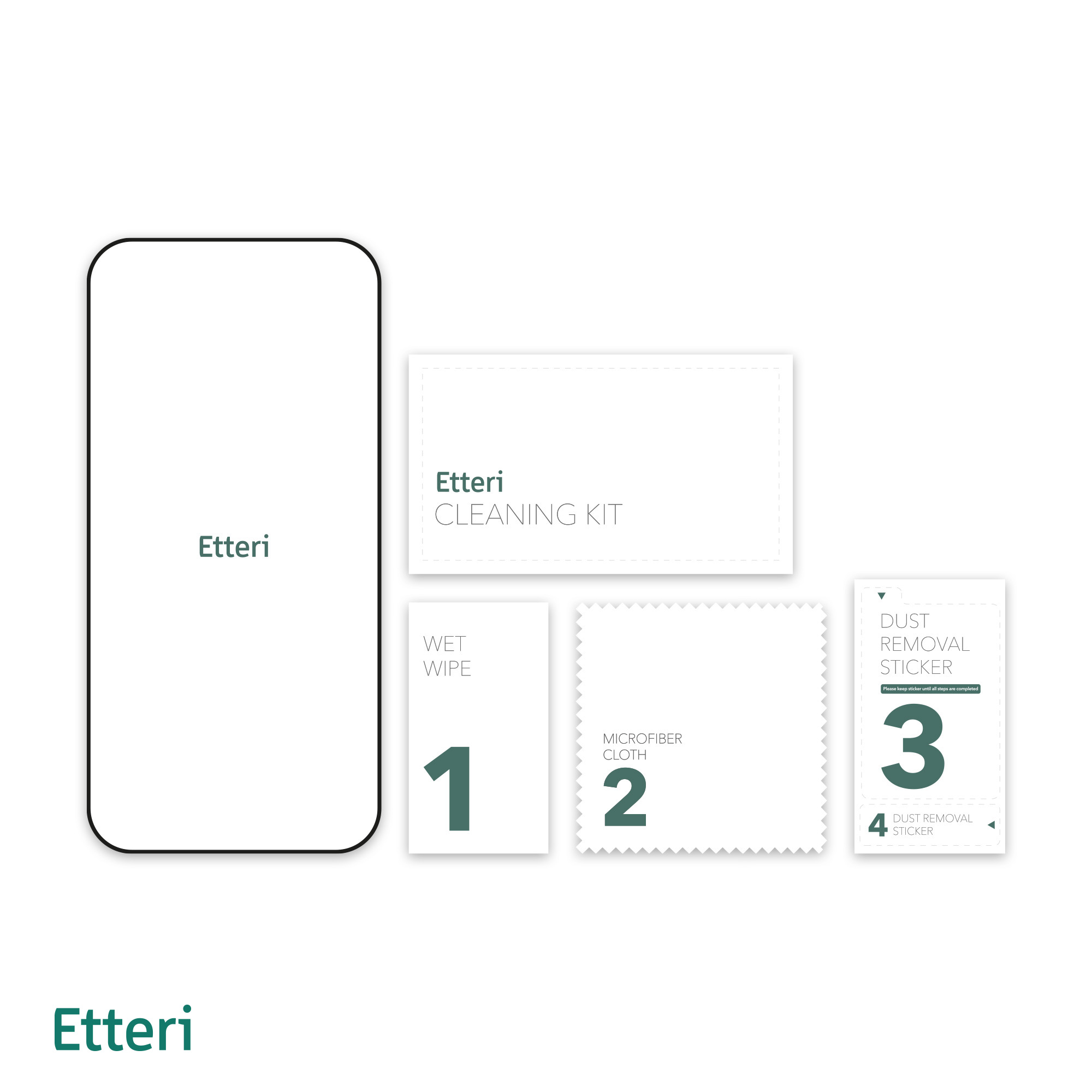 Zestaw do czyszczenia ekranu telefonu. Chusteczka, ściereczka, naklejka.