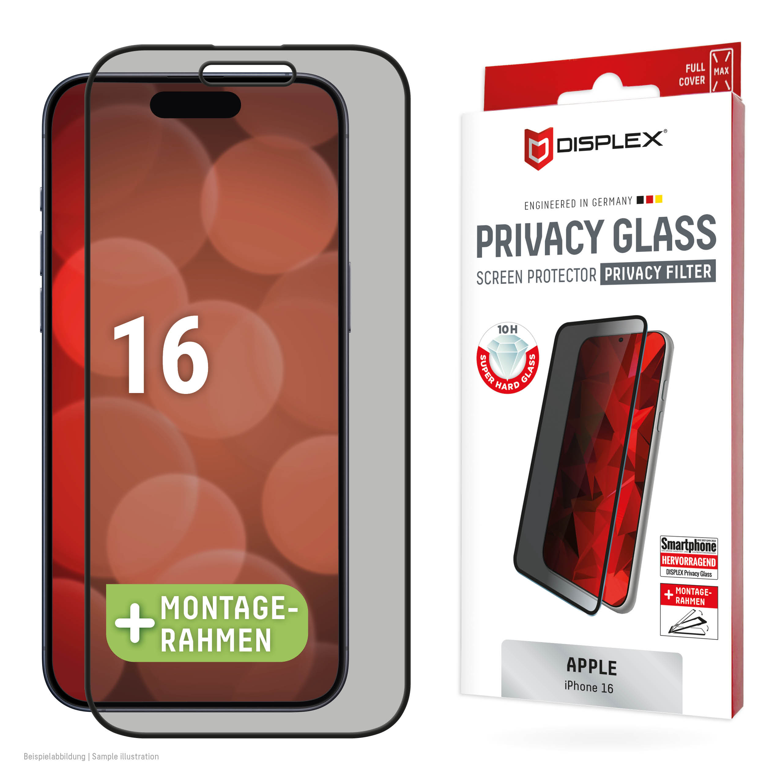 Un proteggi schermo in vetro privacy Displex per iPhone 16. Il telefono è visibile a sinistra.