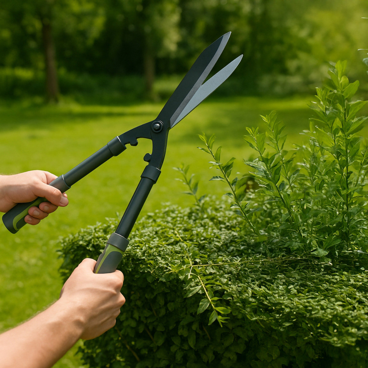 Persoon die een groene en zwarte heggenschaar vasthoudt, een groene struik snijdt. De achtergrond is wazig groen.