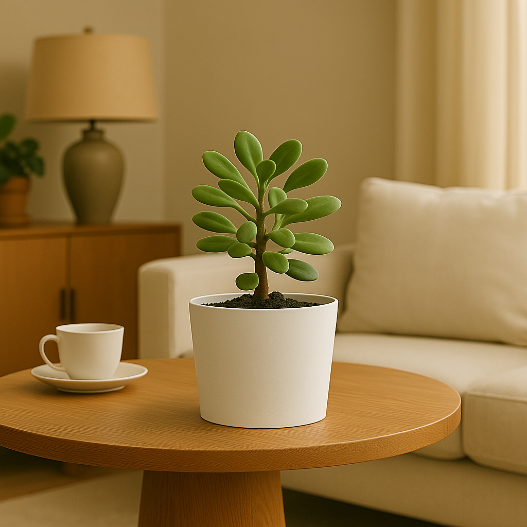 Een plant in pot op een houten tafel, met een kopje koffie en een beige bank op de achtergrond.