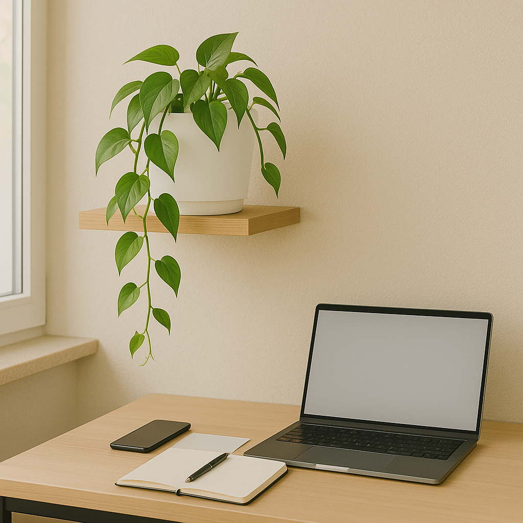 Een laptop, een smartphone, een notitieboek en een plant in pot op een houten bureau. De muur is beige.