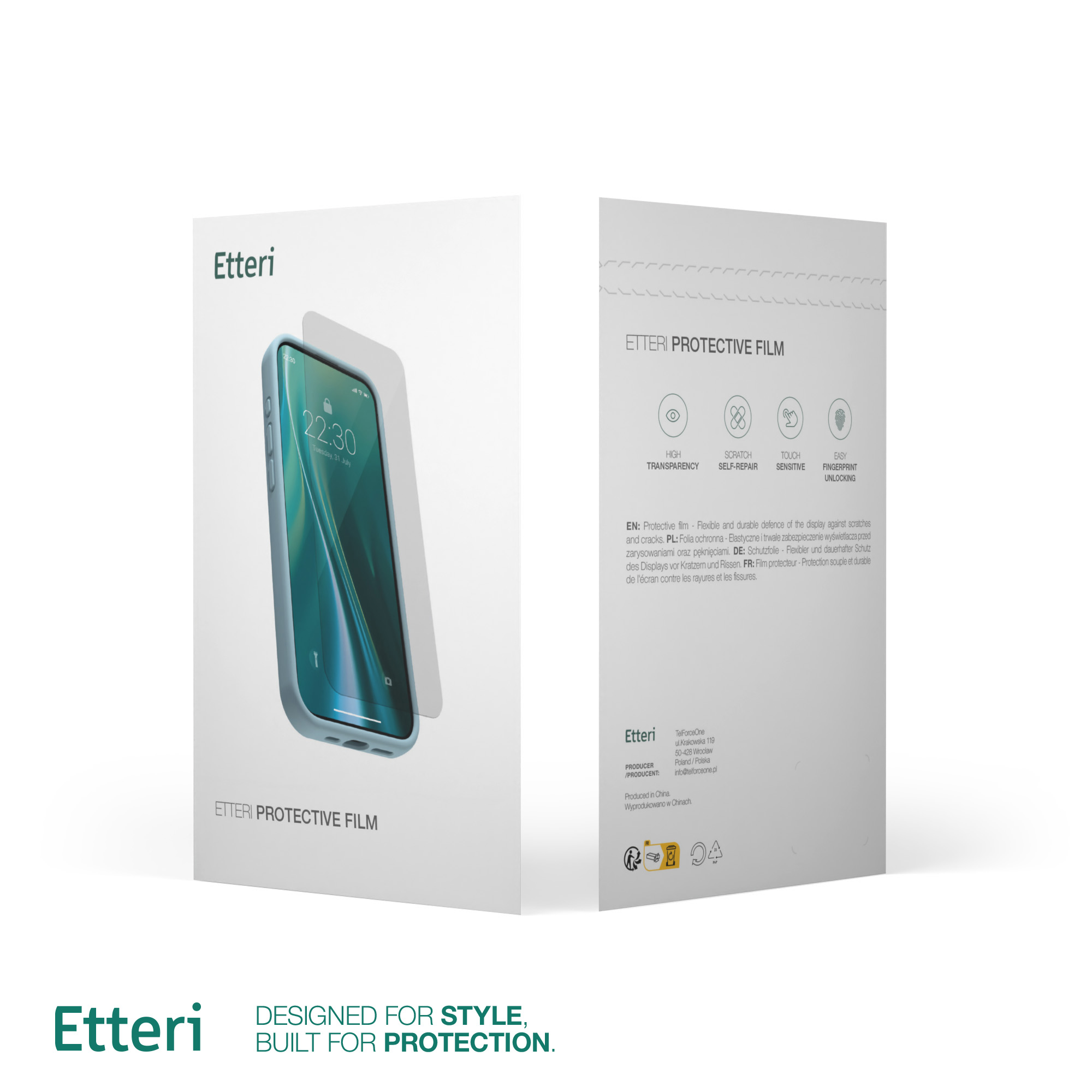 Opakowanie folii ochronnej i telefon pokazujący ekran telefonu z wyświetlaczem aplikacji.