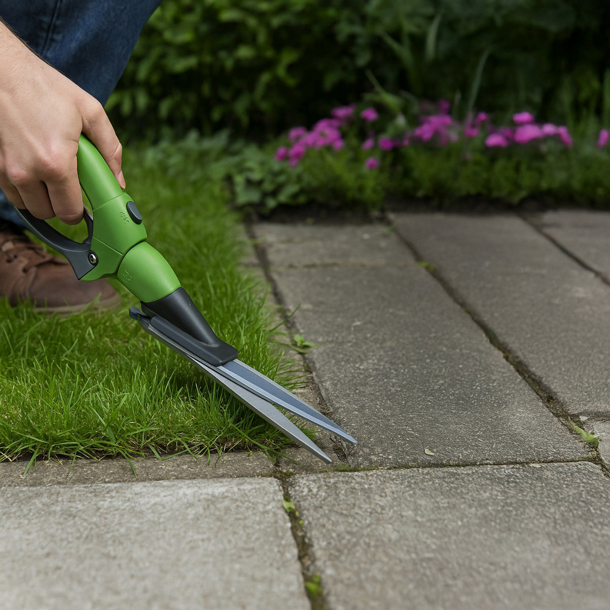 Persoon trimt gras met groene en zwarte schaar op stenen pad, bloemen.